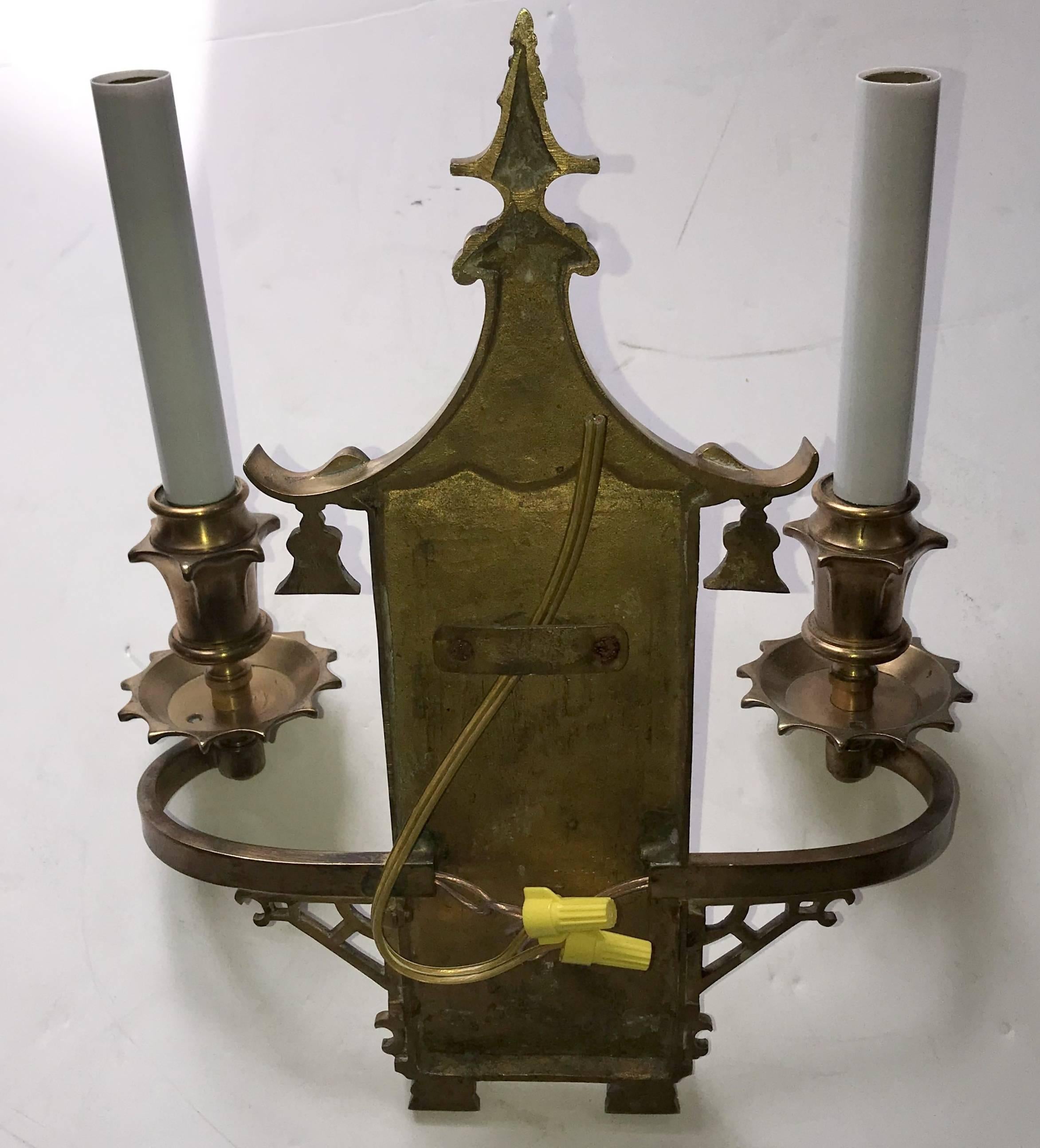 Mid-20th Century Wonderful Pair of Chinoiserie Pagoda Silvered Bronze Sconces E.F. Caldwell Rare