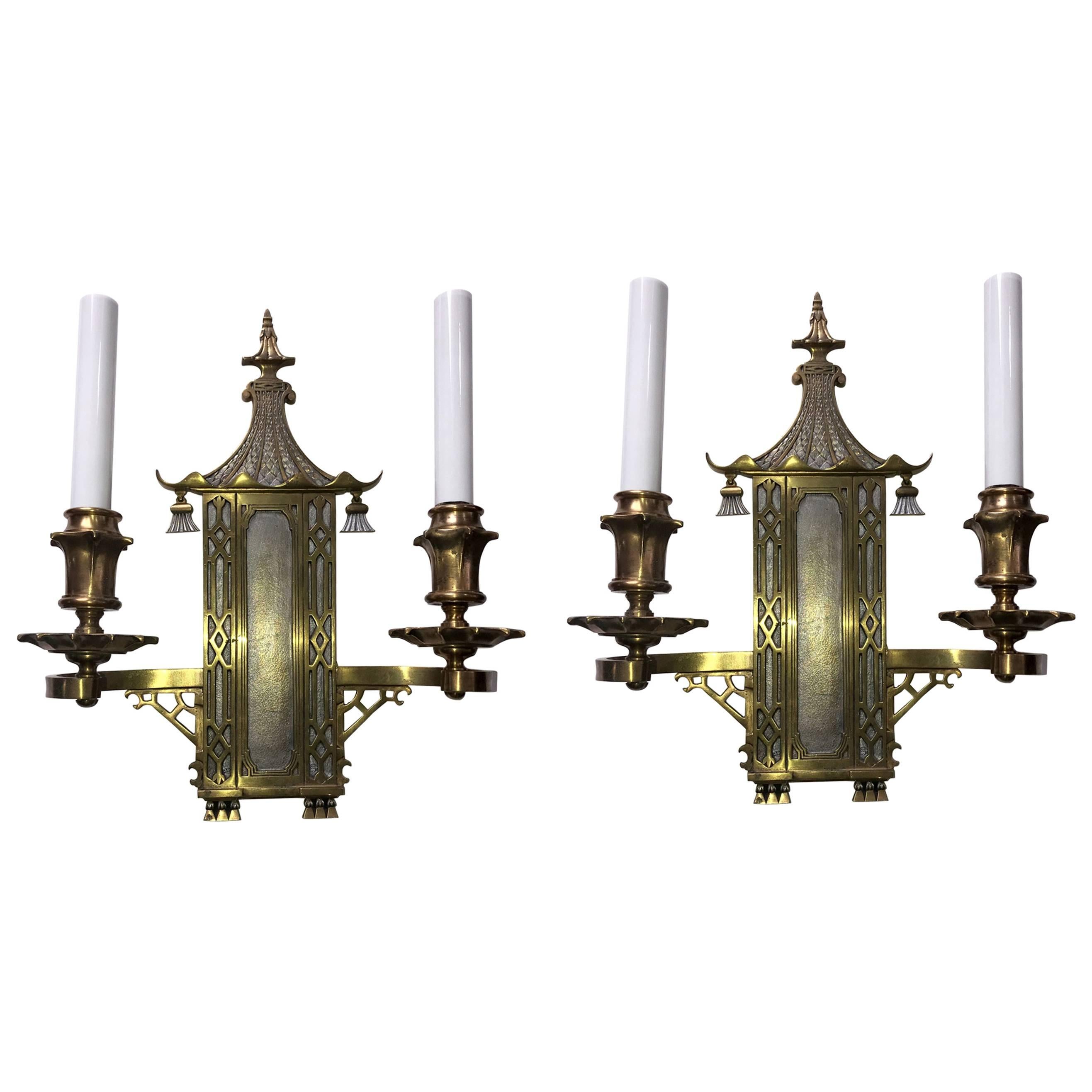 Wonderful Pair of Chinoiserie Pagoda Silvered Bronze Sconces E.F. Caldwell Rare