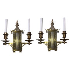 Wonderful Pair of Chinoiserie Pagoda Silvered Bronze Sconces E.F. Caldwell Rare