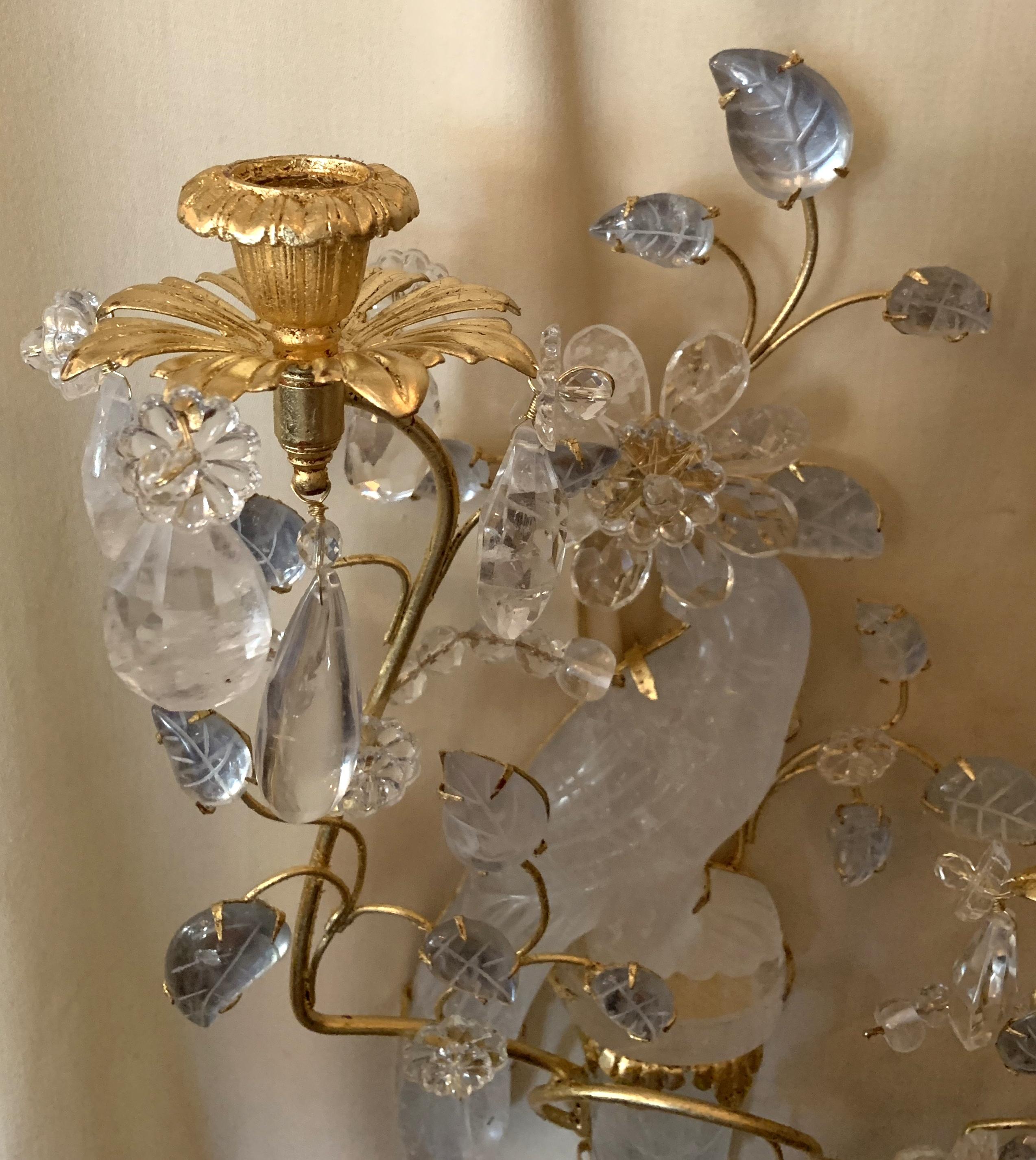 Wonderful Pair of Chinoiserie Rock Crystal Two-Arm Gold Gilt Bird Flower Sconces 4