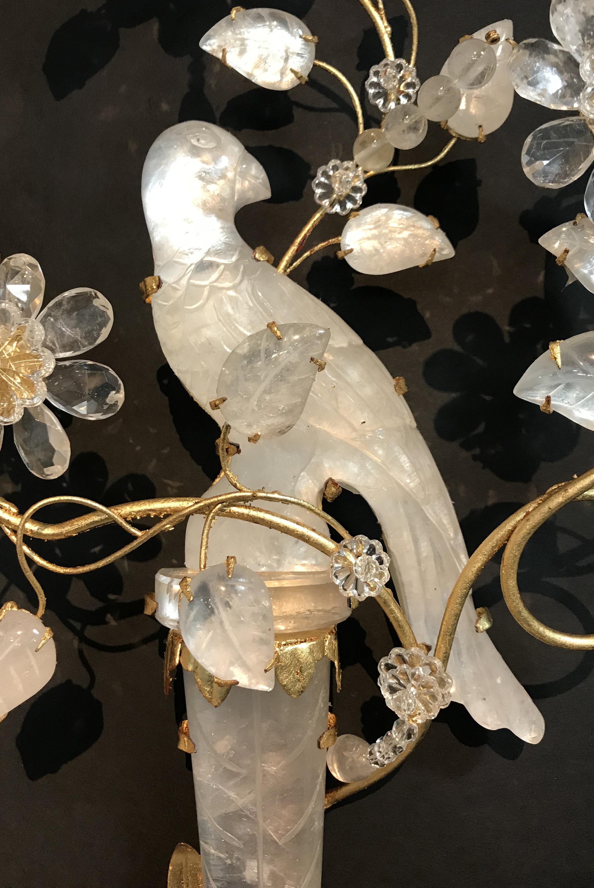 Italian Wonderful Pair of Chinoiserie Rock Crystal Two-Arm Gold Gilt Bird Flower Sconces