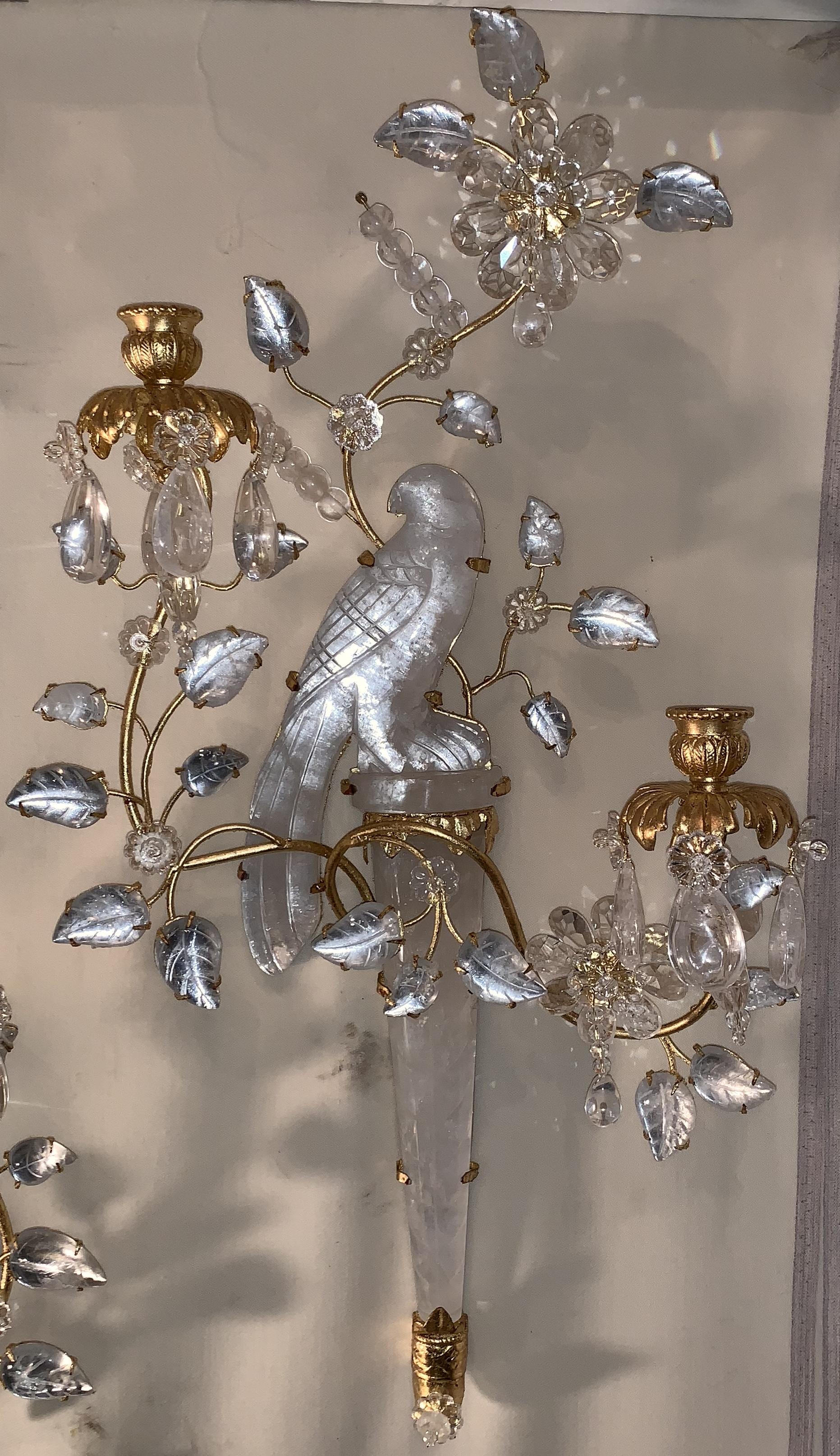 Italian Wonderful Pair of Chinoiserie Rock Crystal Two-Arm Gold Gilt Bird Flower Sconces