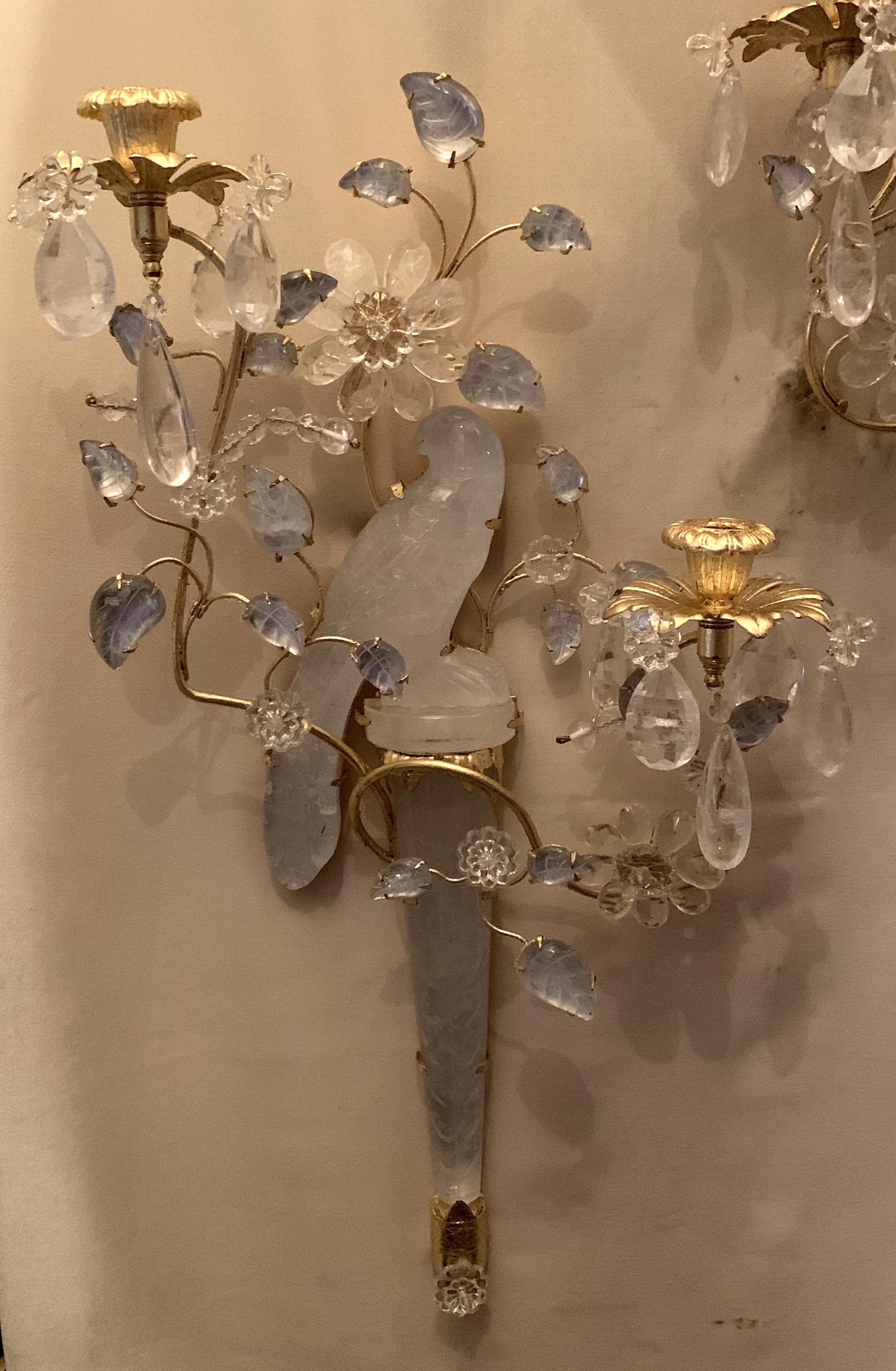 Belle Époque Wonderful Pair of Chinoiserie Rock Crystal Two-Arm Gold Gilt Bird Flower Sconces
