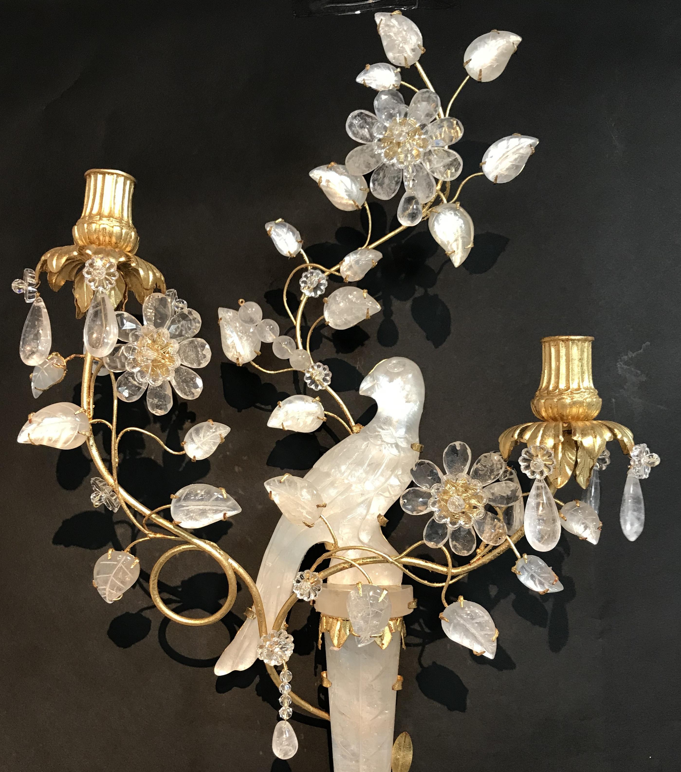 Wonderful Pair of Chinoiserie Rock Crystal Two-Arm Gold Gilt Bird Flower Sconces In Good Condition In Roslyn, NY