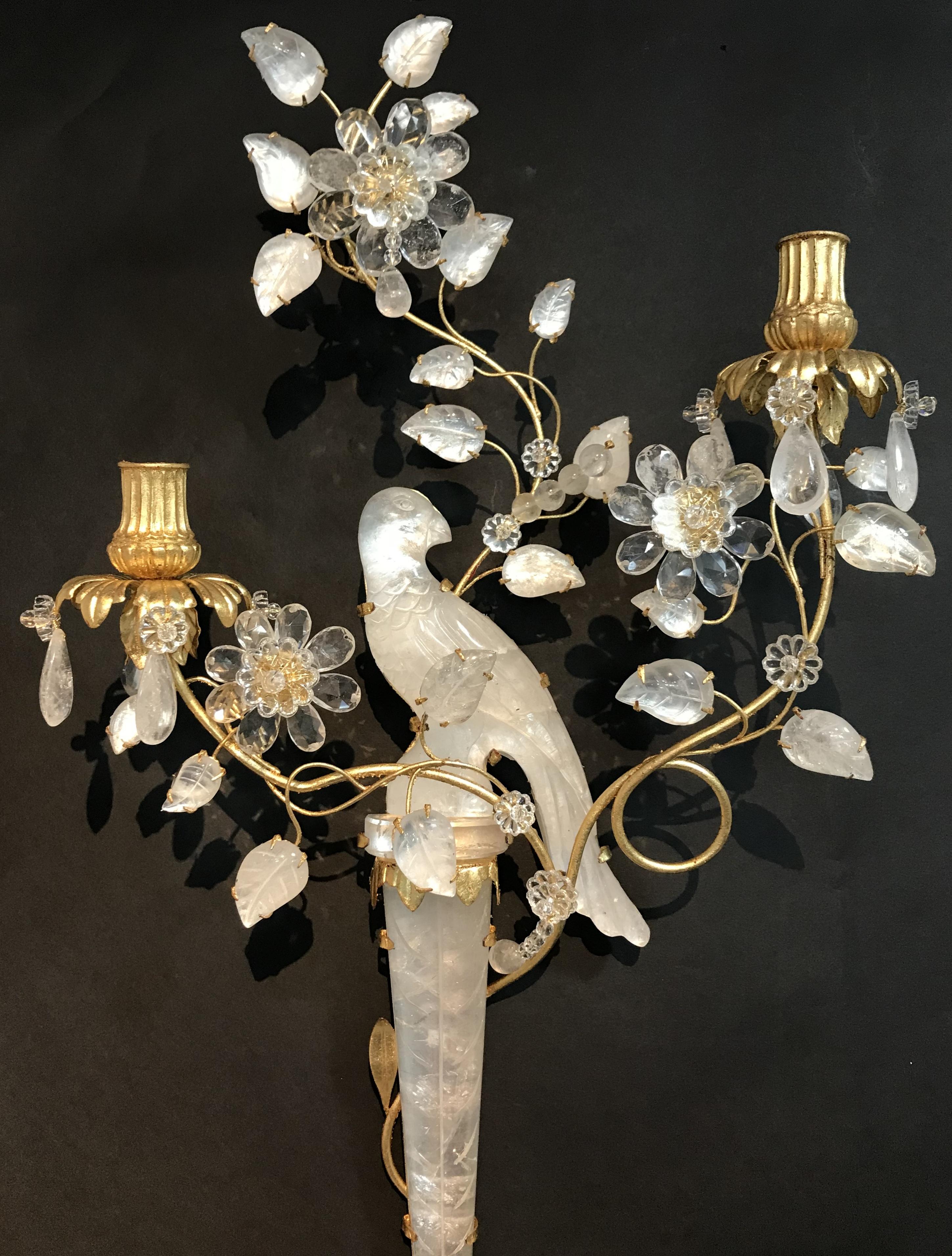 20th Century Wonderful Pair of Chinoiserie Rock Crystal Two-Arm Gold Gilt Bird Flower Sconces