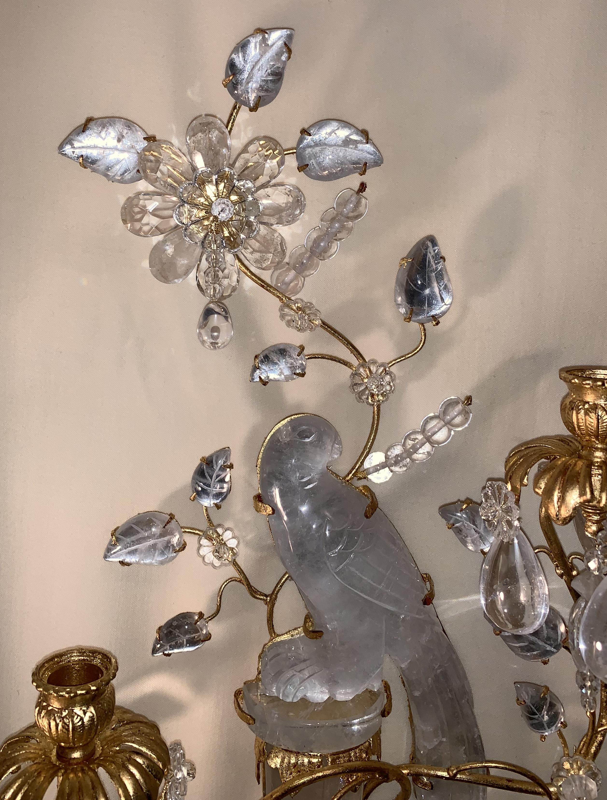 Wonderful Pair of Chinoiserie Rock Crystal Two-Arm Gold Gilt Bird Flower Sconces 1