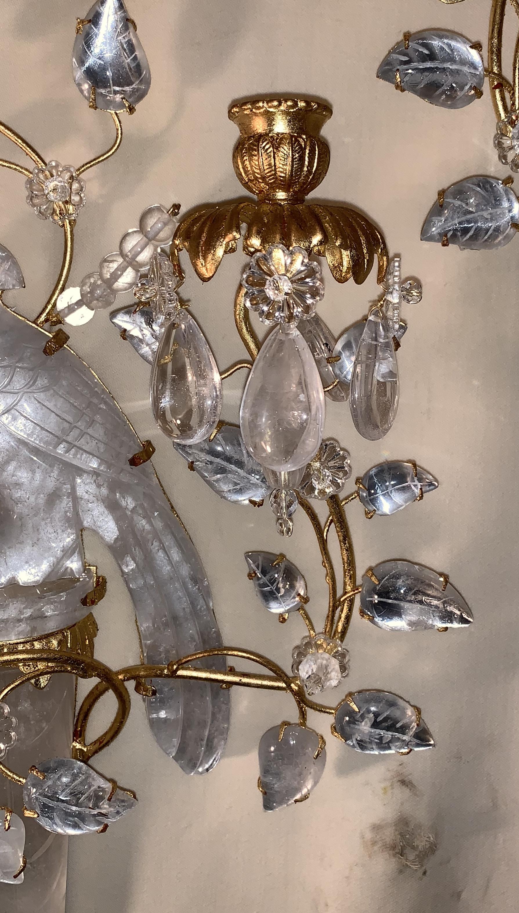 Wonderful Pair of Chinoiserie Rock Crystal Two-Arm Gold Gilt Bird Flower Sconces 2