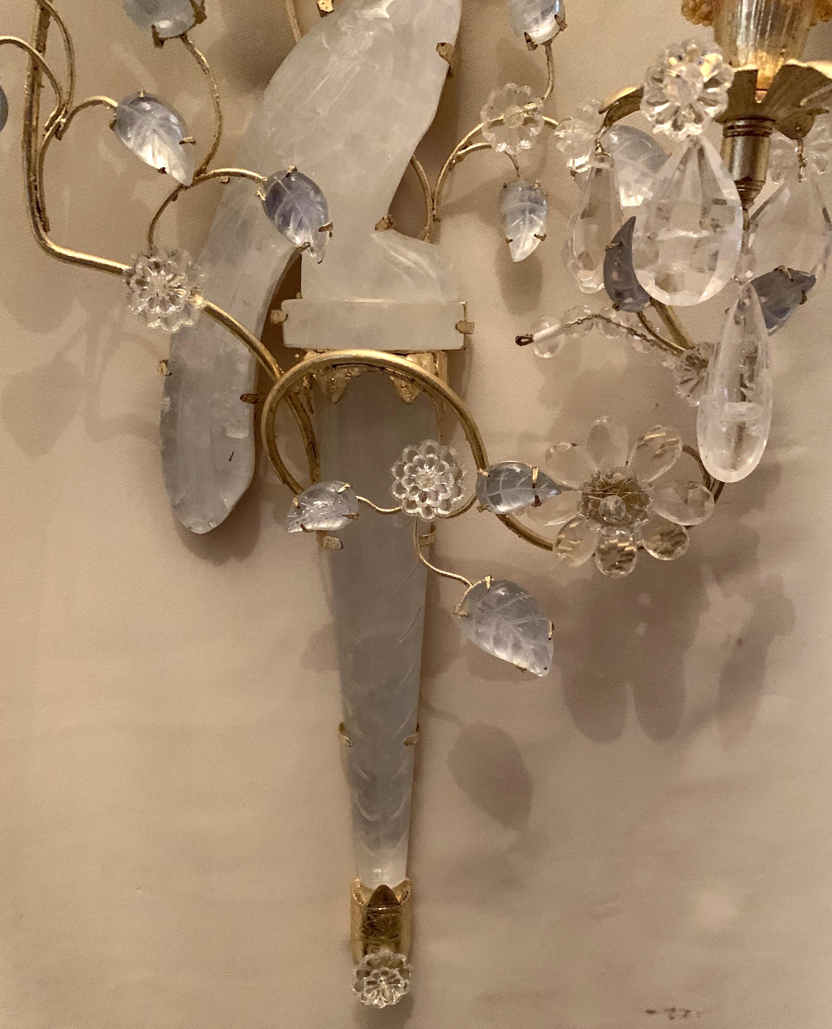 Wonderful Pair of Chinoiserie Rock Crystal Two-Arm Gold Gilt Bird Flower Sconces 1