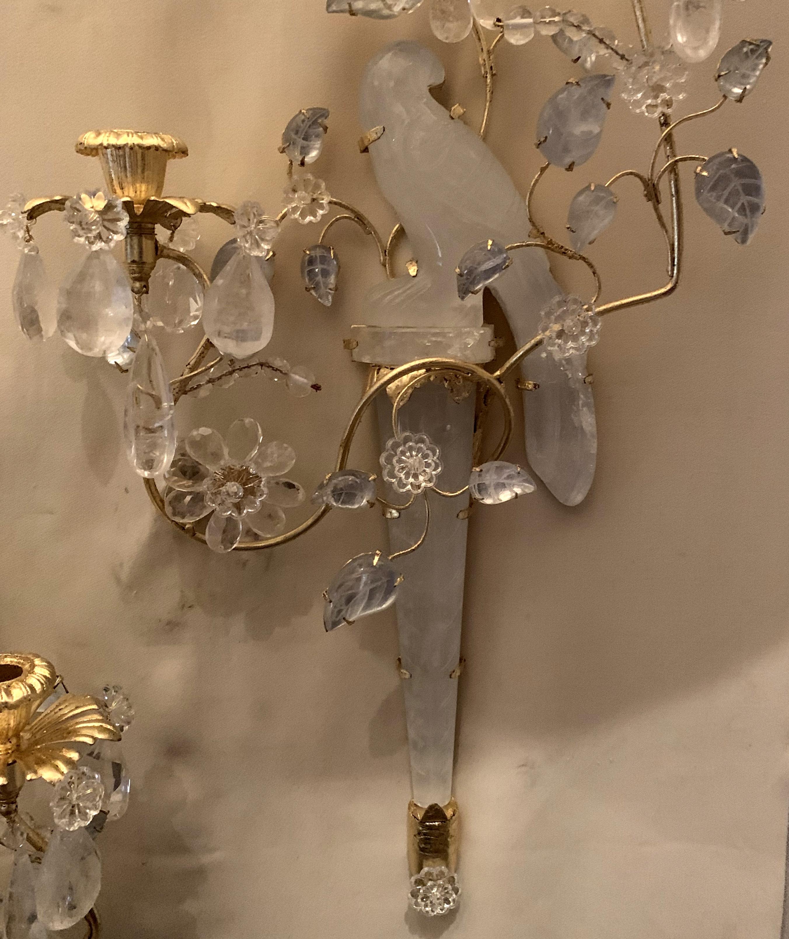 Wonderful Pair of Chinoiserie Rock Crystal Two-Arm Gold Gilt Bird Flower Sconces 2