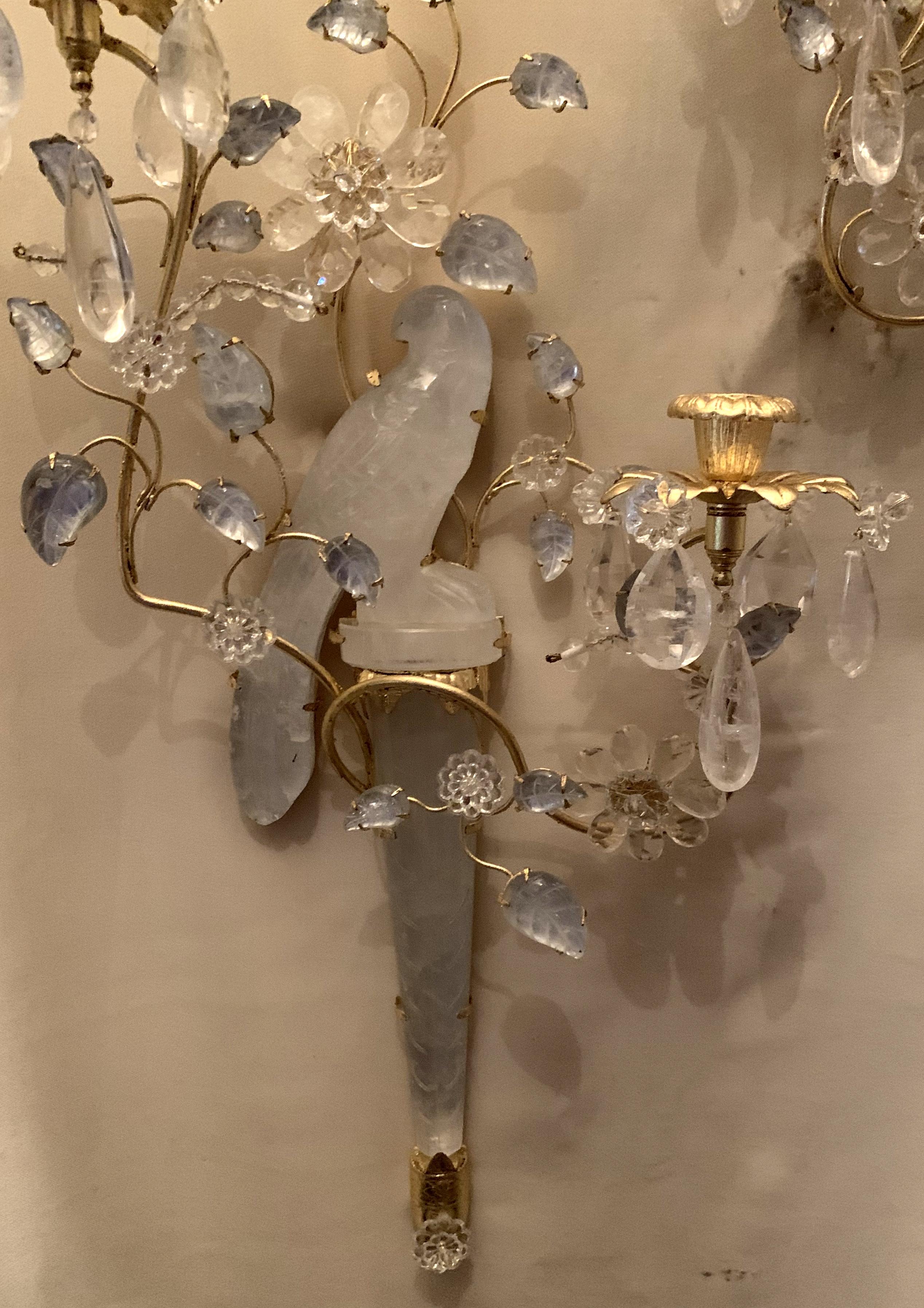 Wonderful Pair of Chinoiserie Rock Crystal Two-Arm Gold Gilt Bird Flower Sconces 3