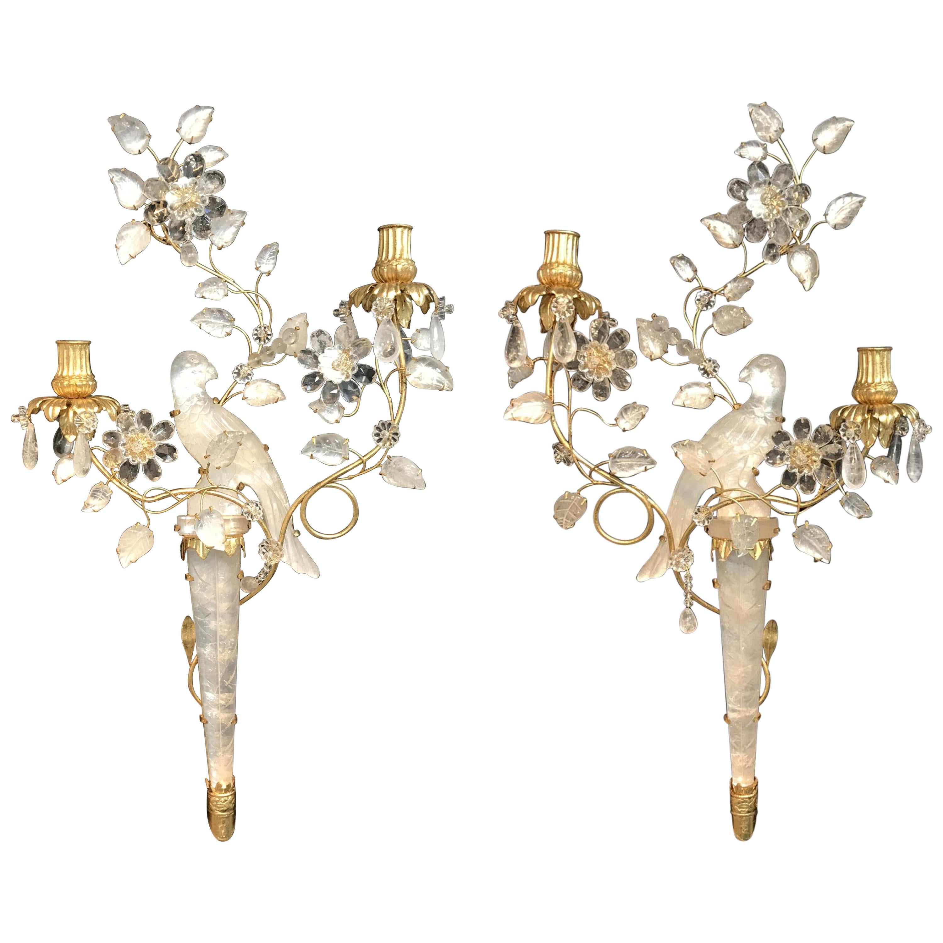 Wonderful Pair of Chinoiserie Rock Crystal Two-Arm Gold Gilt Bird Flower Sconces