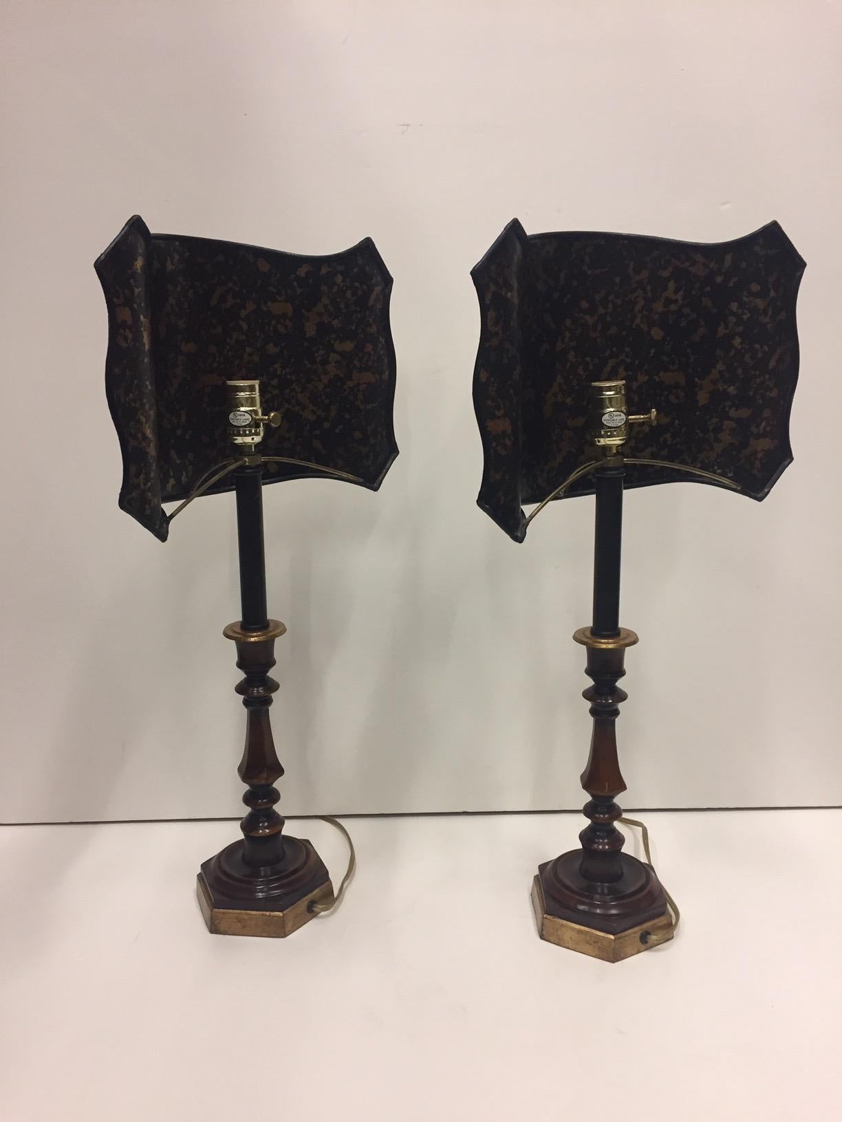 Wonderful Pair of Dark Red Candlestick Table Lamps with Fancy Decoupage Shades 5