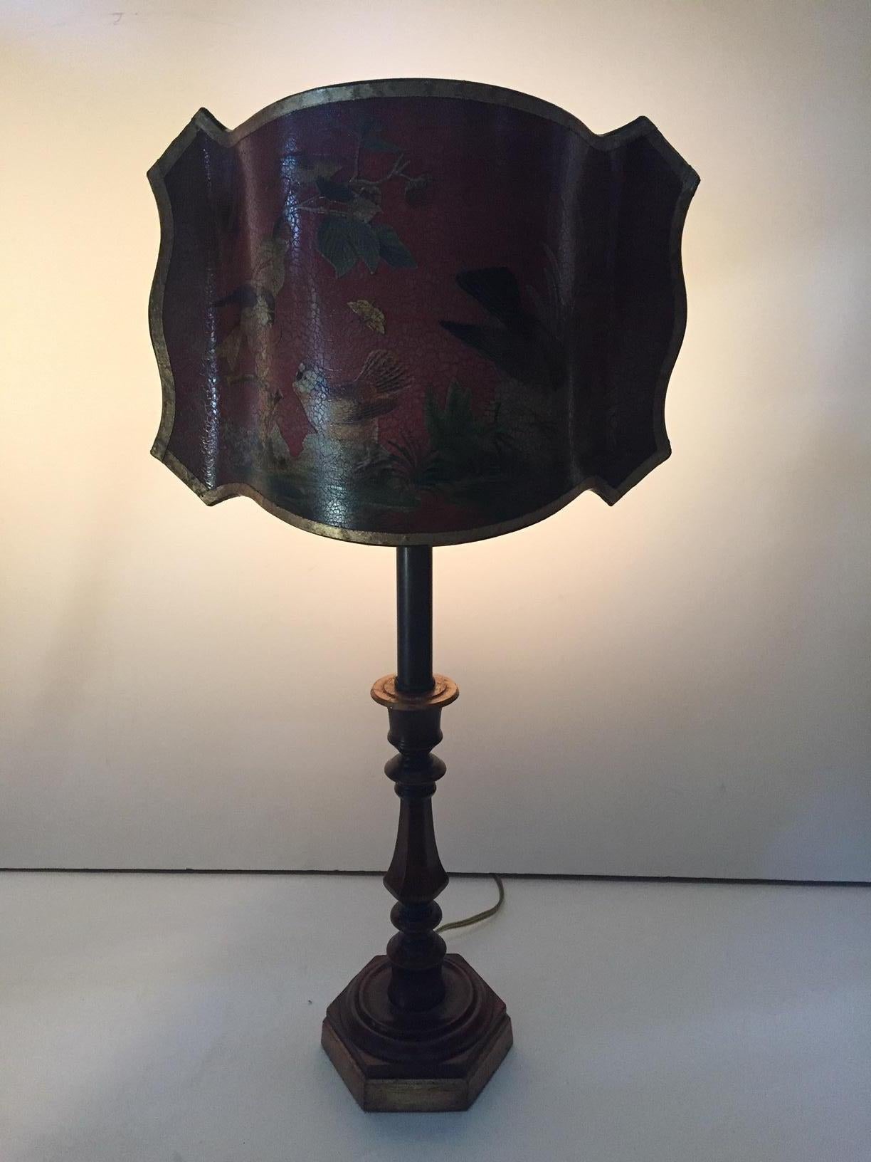 Wonderful Pair of Dark Red Candlestick Table Lamps with Fancy Decoupage Shades 7