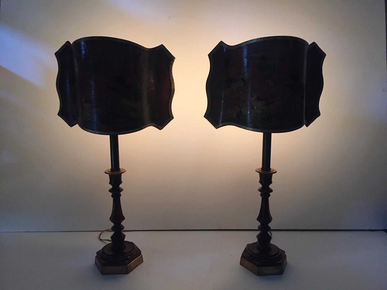 Wonderful Pair of Dark Red Candlestick Table Lamps with Fancy Decoupage Shades 8