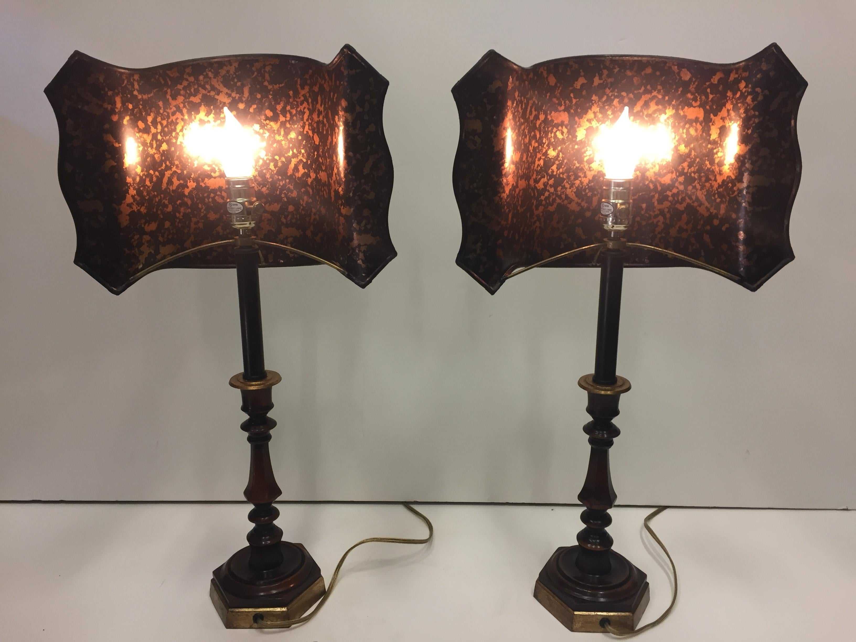 Wonderful Pair of Dark Red Candlestick Table Lamps with Fancy Decoupage Shades 9