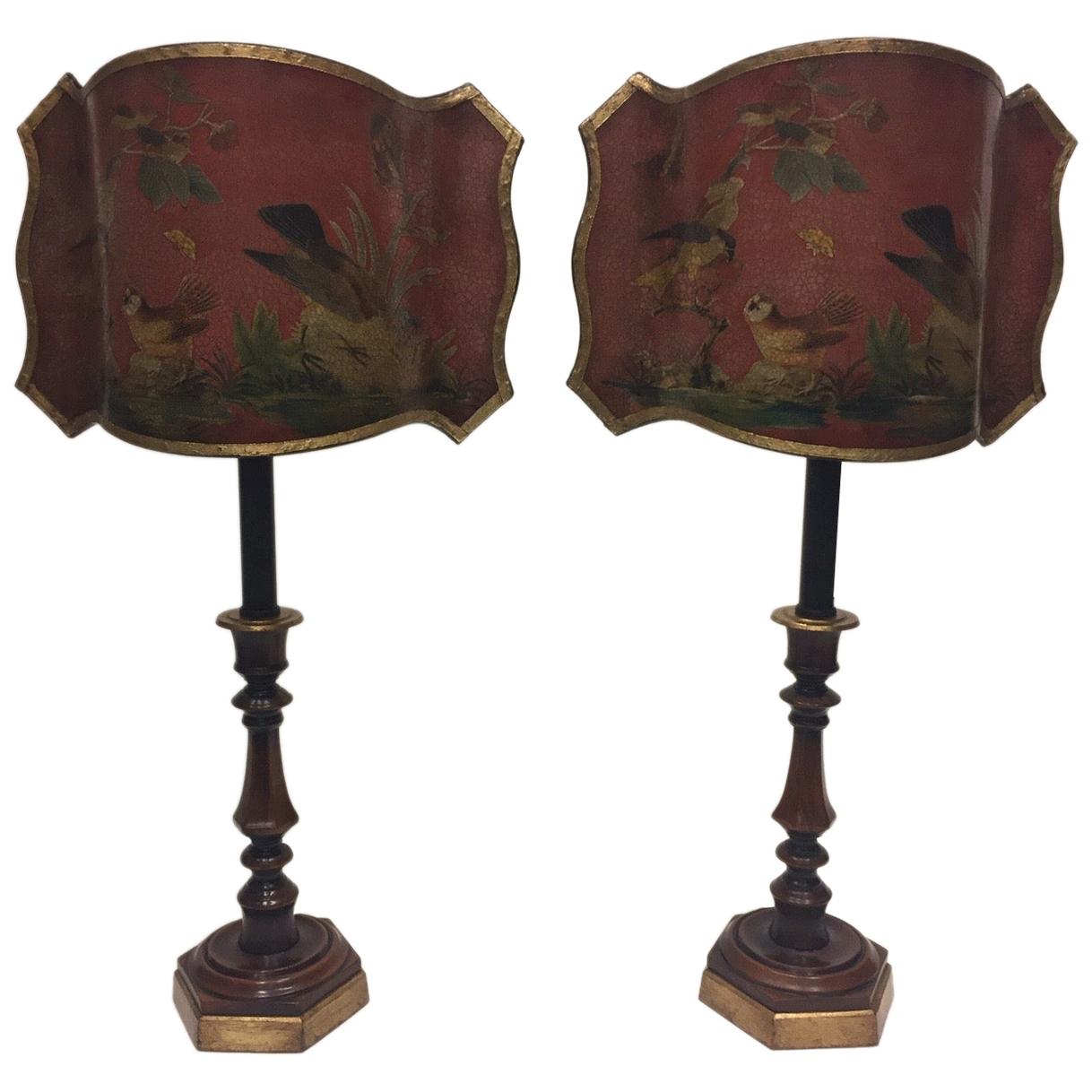Wonderful Pair of Dark Red Candlestick Table Lamps with Fancy Decoupage Shades