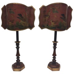 Wonderful Pair of Dark Red Candlestick Table Lamps with Fancy Decoupage Shades