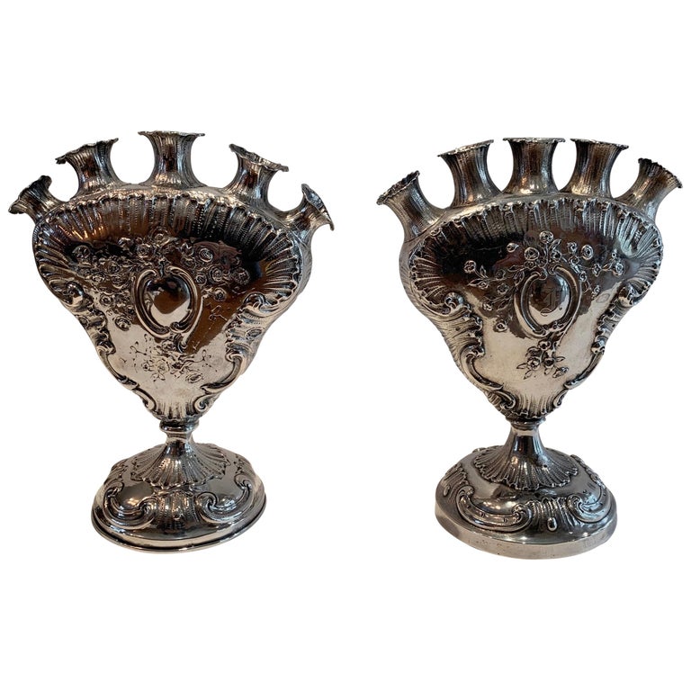 Wonderful Pair of European Baroque 800 Sterling Silver Bud Vases For Sale