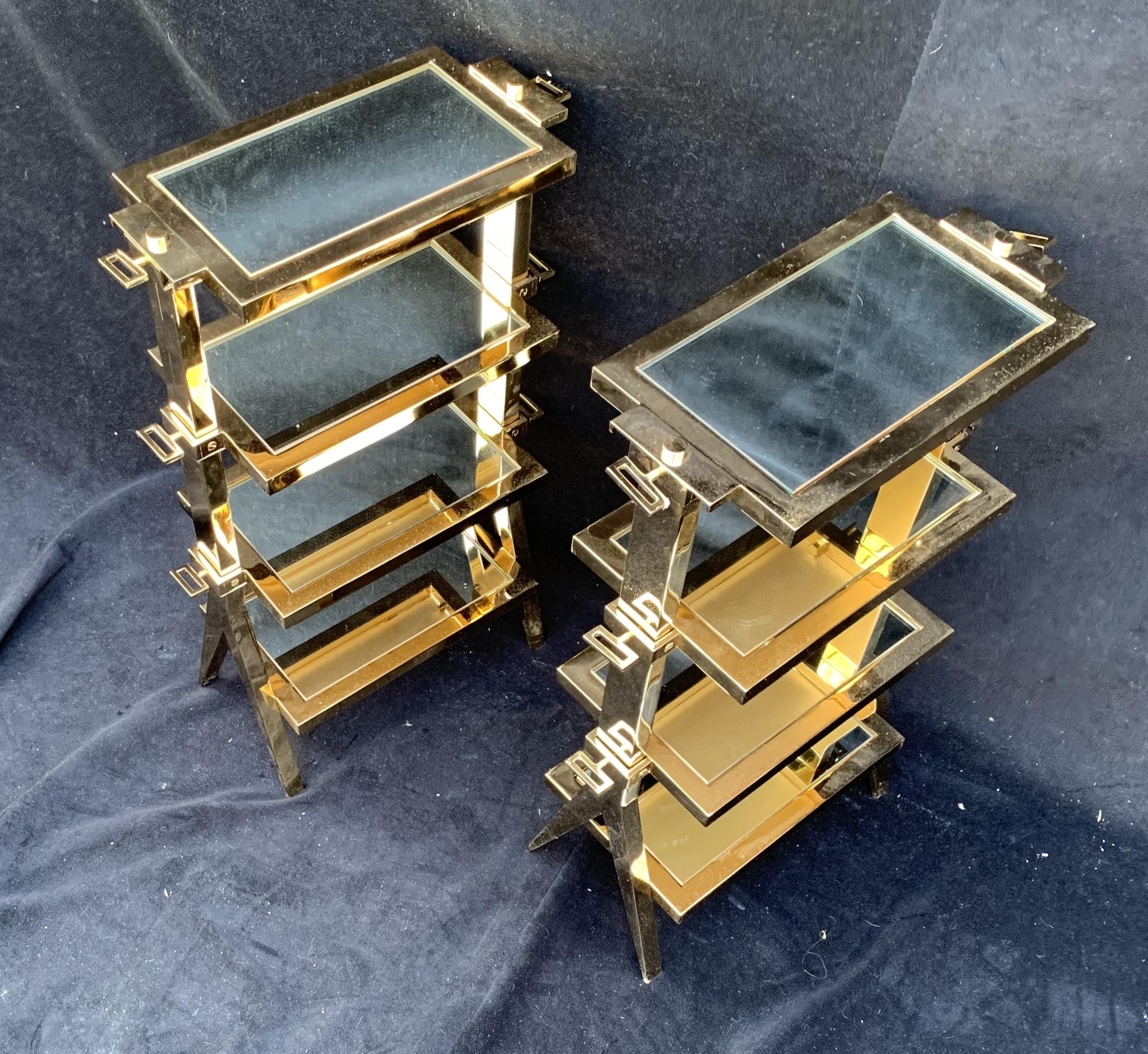 Mid-Century Modern Wonderful Pair of Four-Tier Polished Brass Bronze Mirror Lorin Marsh Side Tables