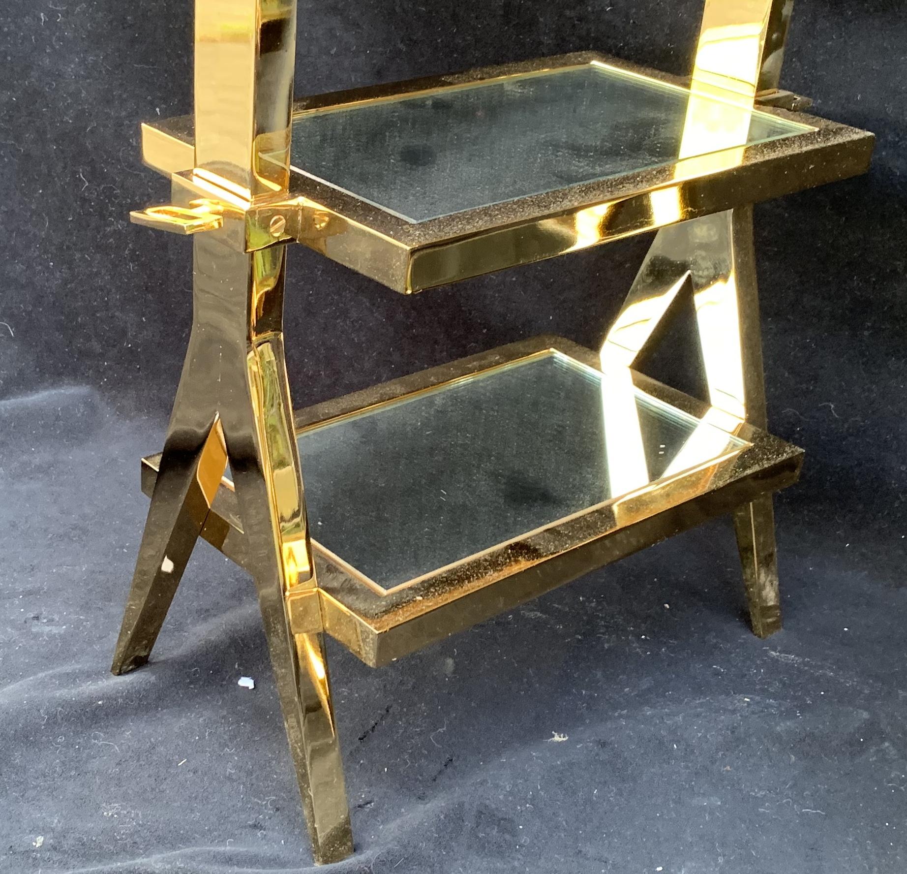 Wonderful Pair of Four-Tier Polished Brass Bronze Mirror Lorin Marsh Side Tables 1