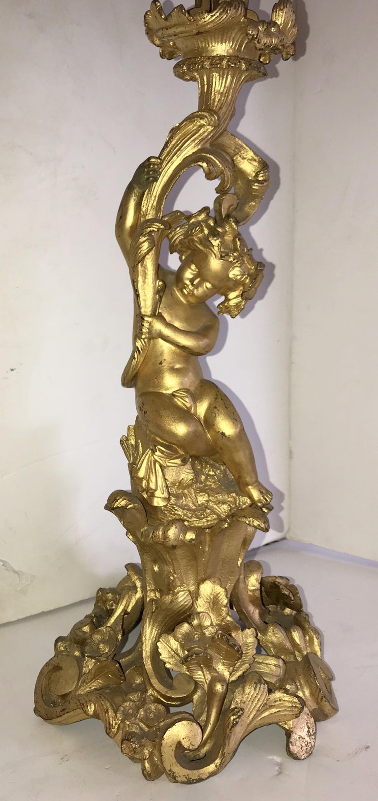 Belle Époque Wonderful Pair of French Dore Bronze Cherub Putti Figural Louis XVI Candelabras For Sale