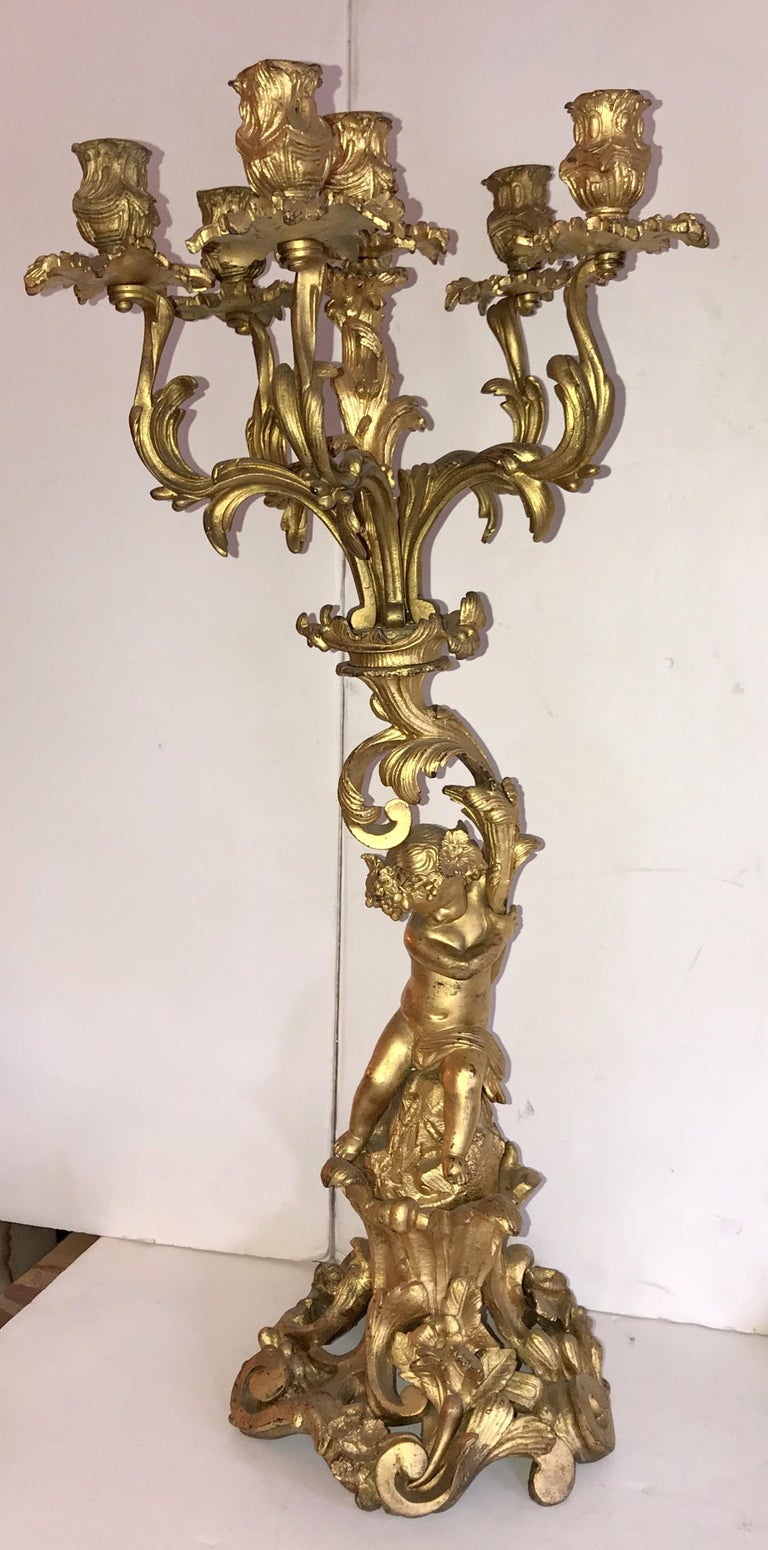 Gilt Wonderful Pair of French Dore Bronze Cherub Putti Figural Louis XVI Candelabras For Sale