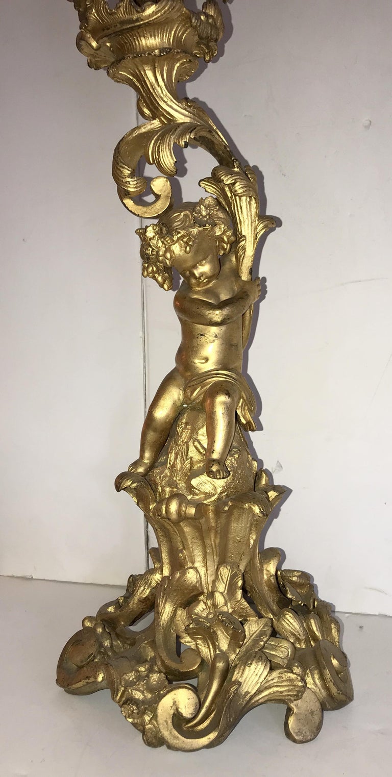 Wonderful Pair of French Dore Bronze Cherub Putti Figural Louis XVI Candelabras In Good Condition For Sale In Roslyn, NY