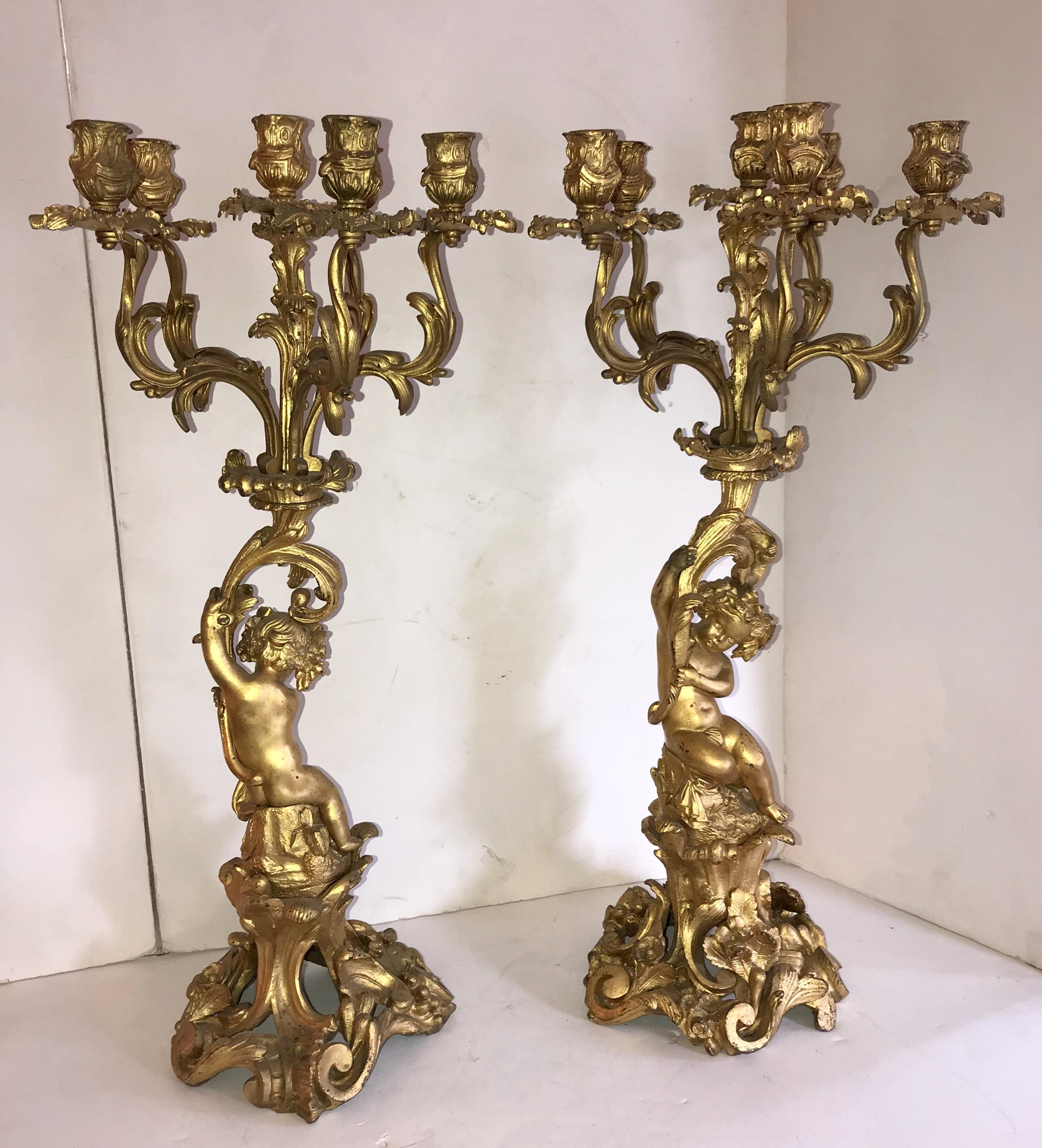 Wonderful Pair of French Dore Bronze Cherub Putti Figural Louis XVI Candelabras For Sale 1