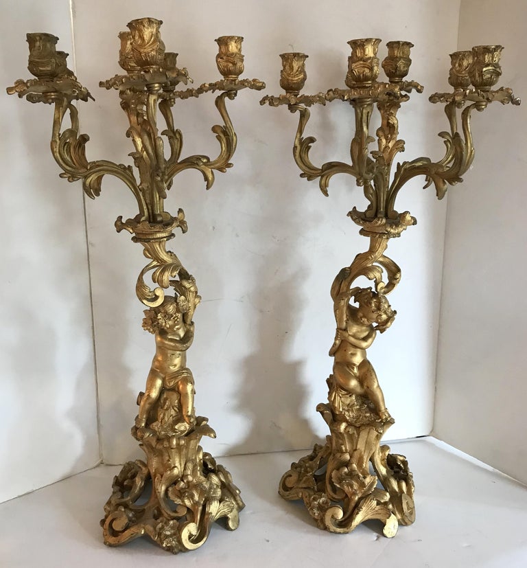 Wonderful Pair of French Dore Bronze Cherub Putti Figural Louis XVI Candelabras For Sale 2