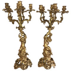 Wonderful Pair of French Dore Bronze Cherub Putti Figural Louis XVI Candelabras