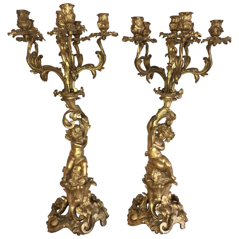 Wonderful Pair of French Dore Bronze Cherub Putti Figural Louis XVI Candelabras For Sale