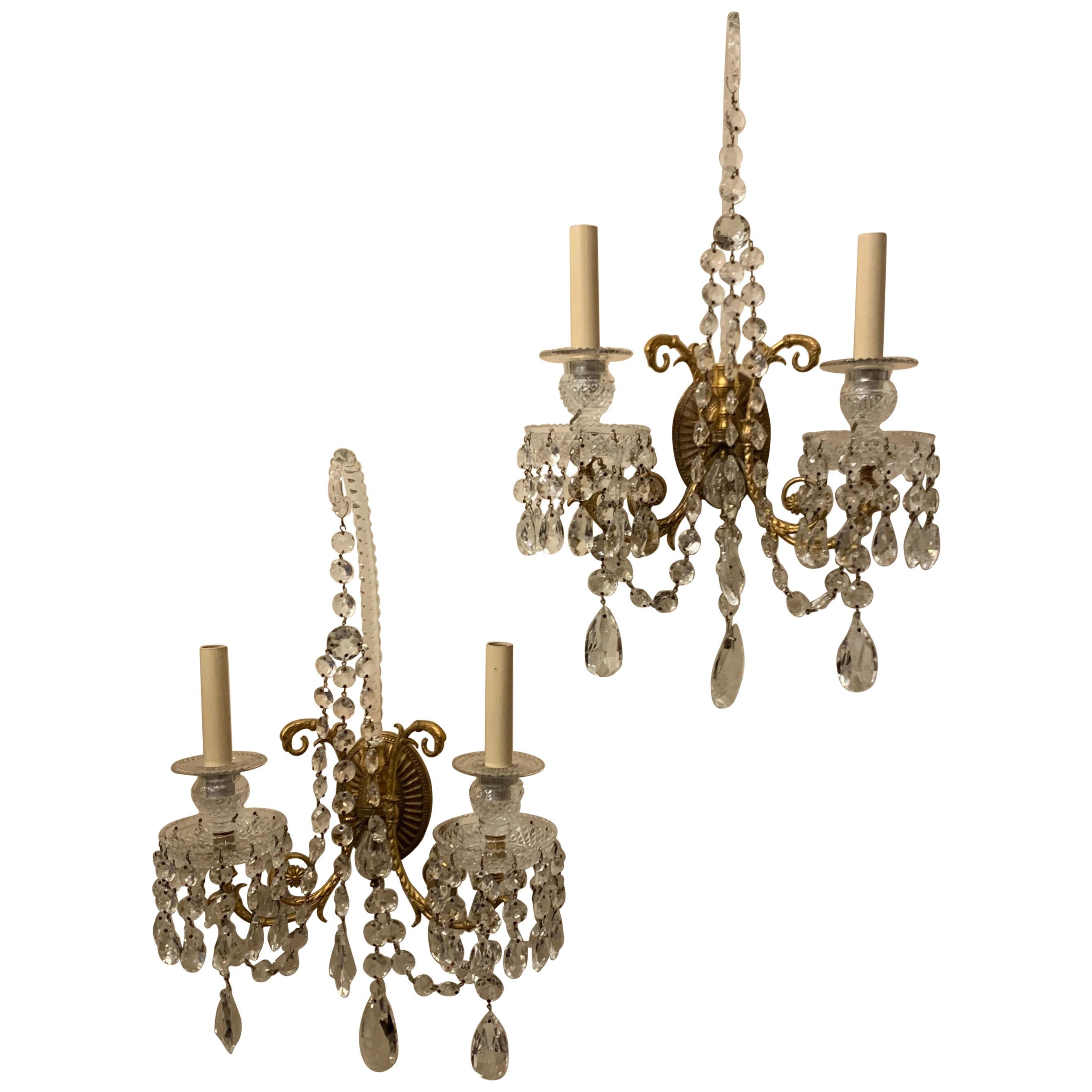 Wonderful Pair of French Doré Bronze Crystal Neoclassical Regency Empire Sconces