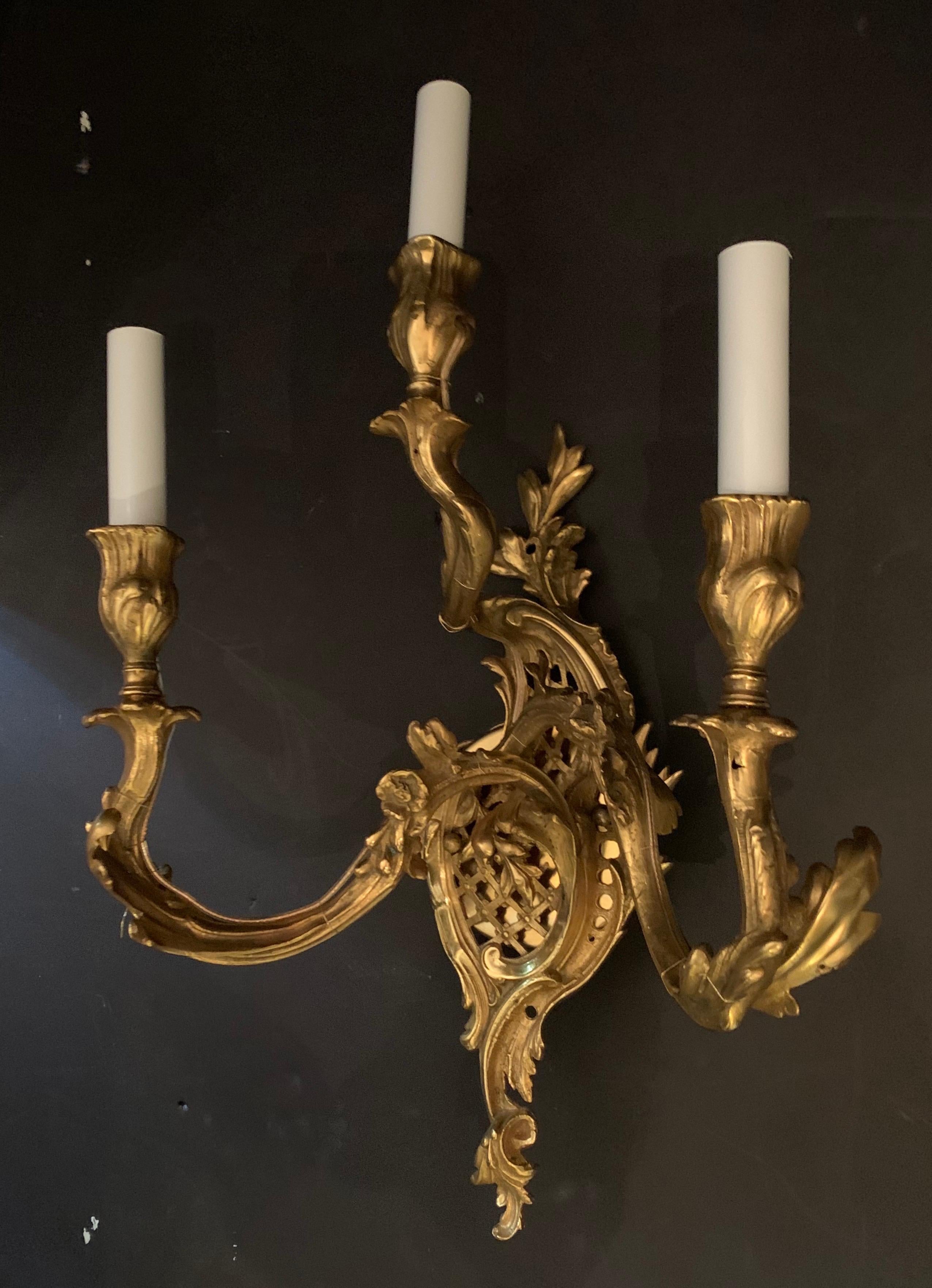 Gilt Wonderful Pair of French Dore Bronze Rococo Three Light Lattice Sconces For Sale
