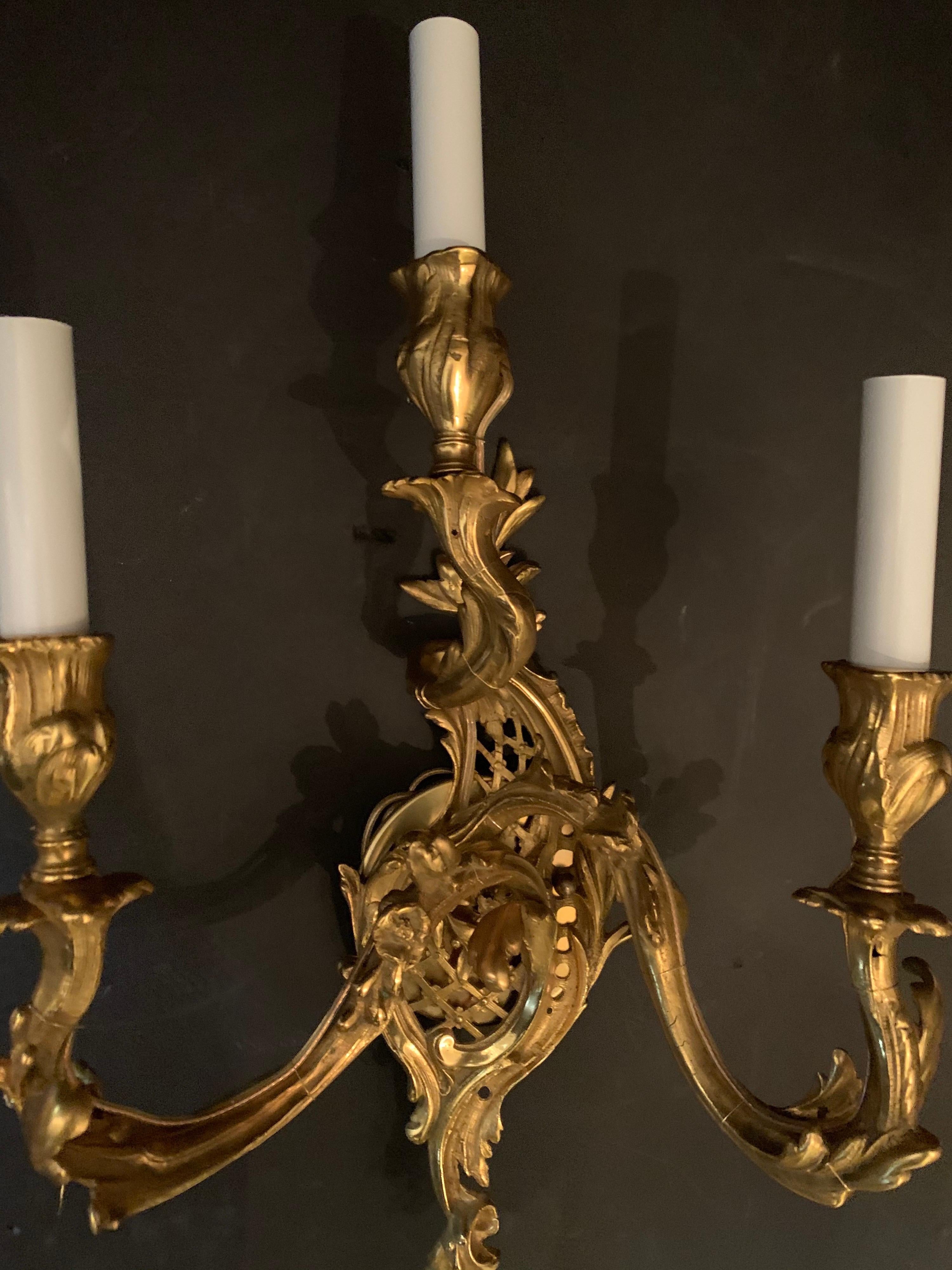 Wonderful Pair of French Dore Bronze Rococo Three Light Lattice Sconces For Sale 1
