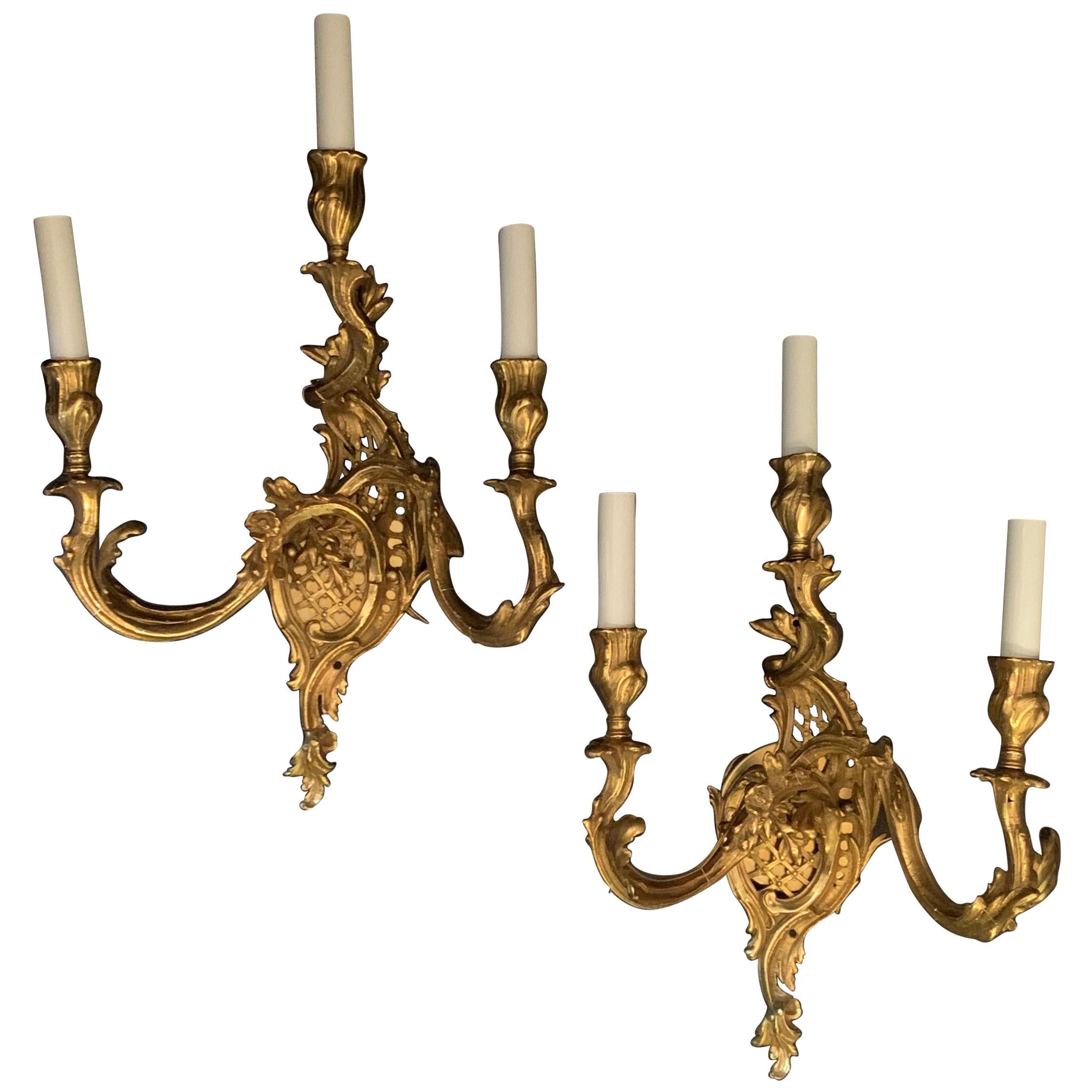 Wonderful Pair of French Dore Bronze Rococo Three Light Lattice Sconces For Sale