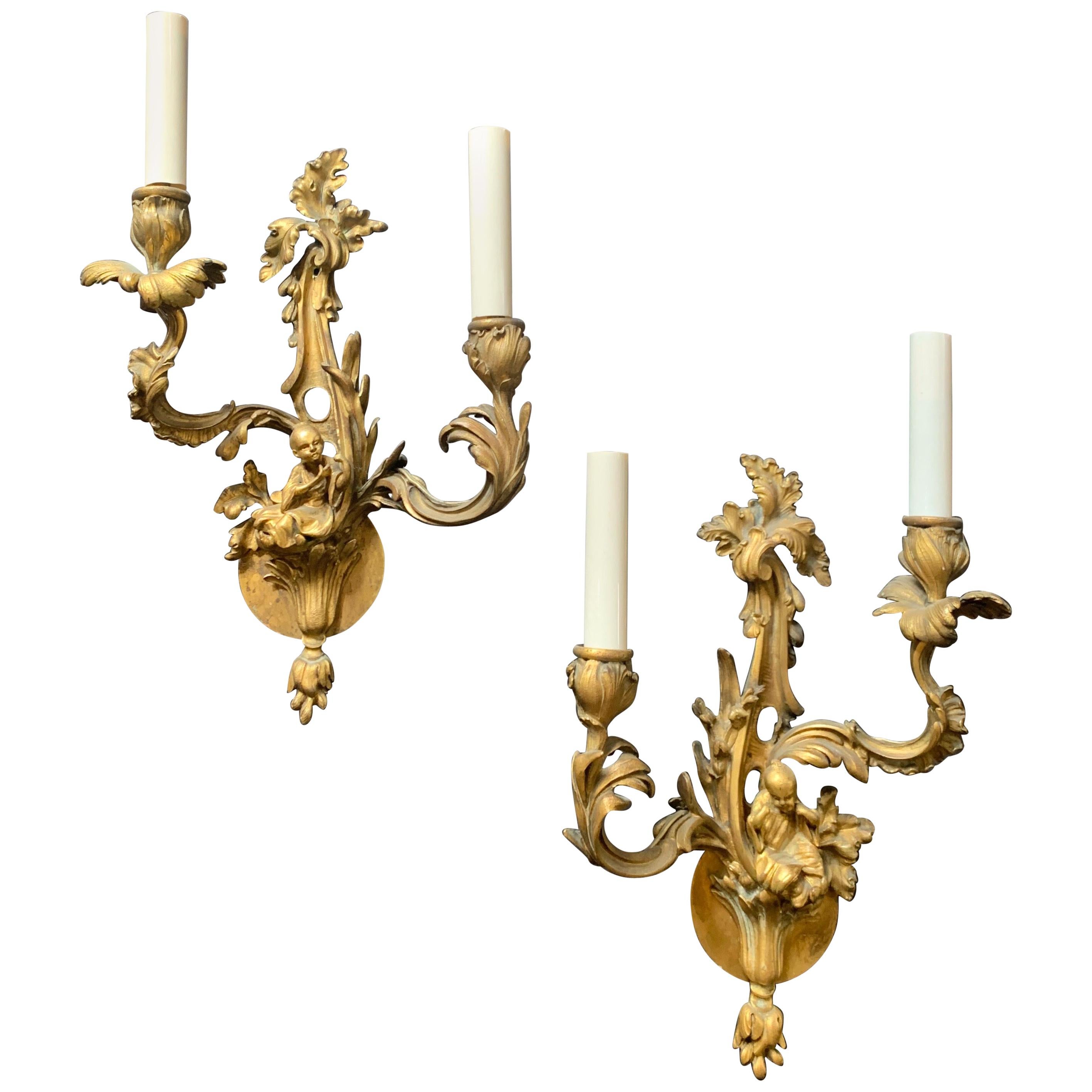 Wonderful Pair of French Dore Bronze Rococo Figural Chinoiserie 2-Light Sconces