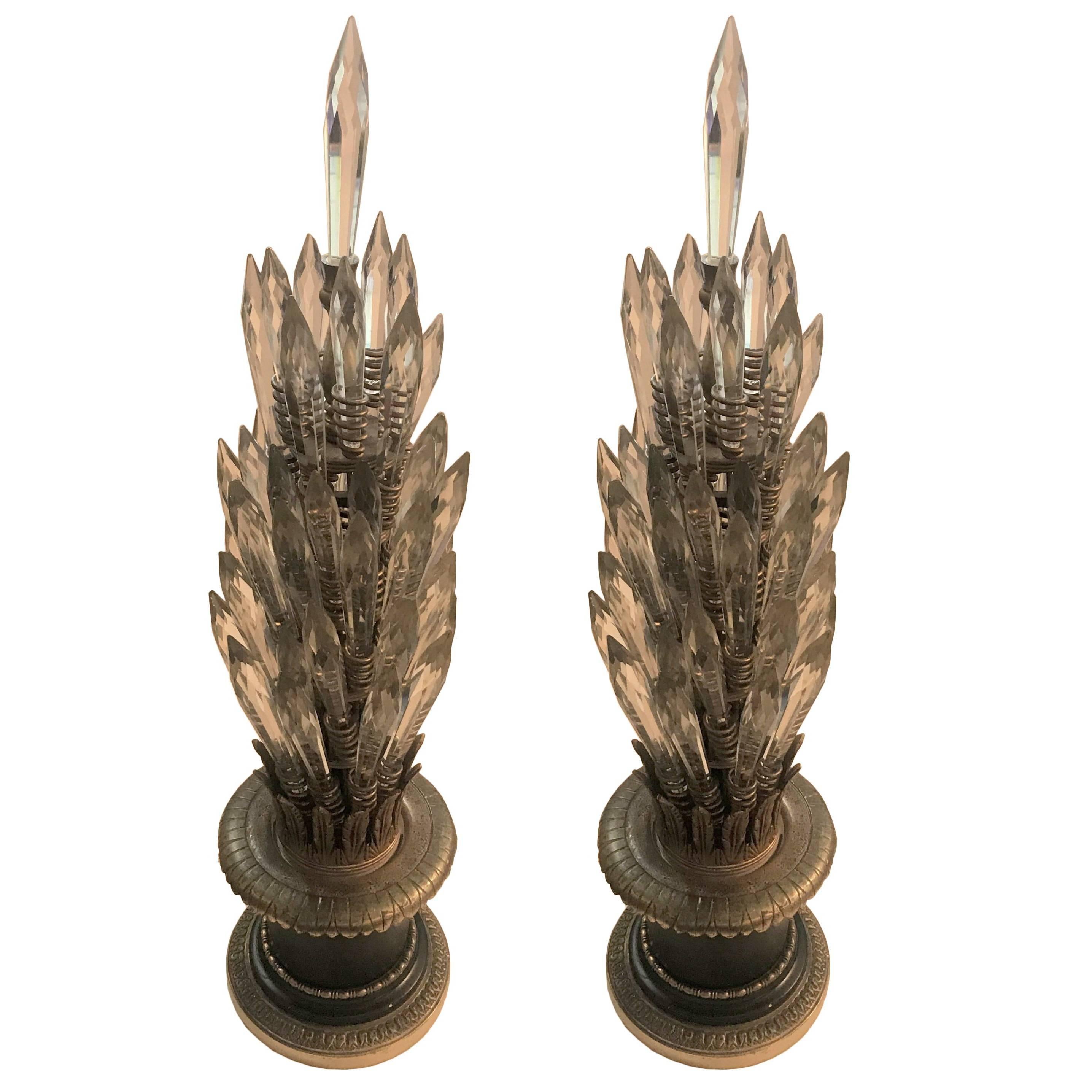 Wonderful Pair of French Empire Neoclassical Bronze Crystal Spike Lamps Fixtures