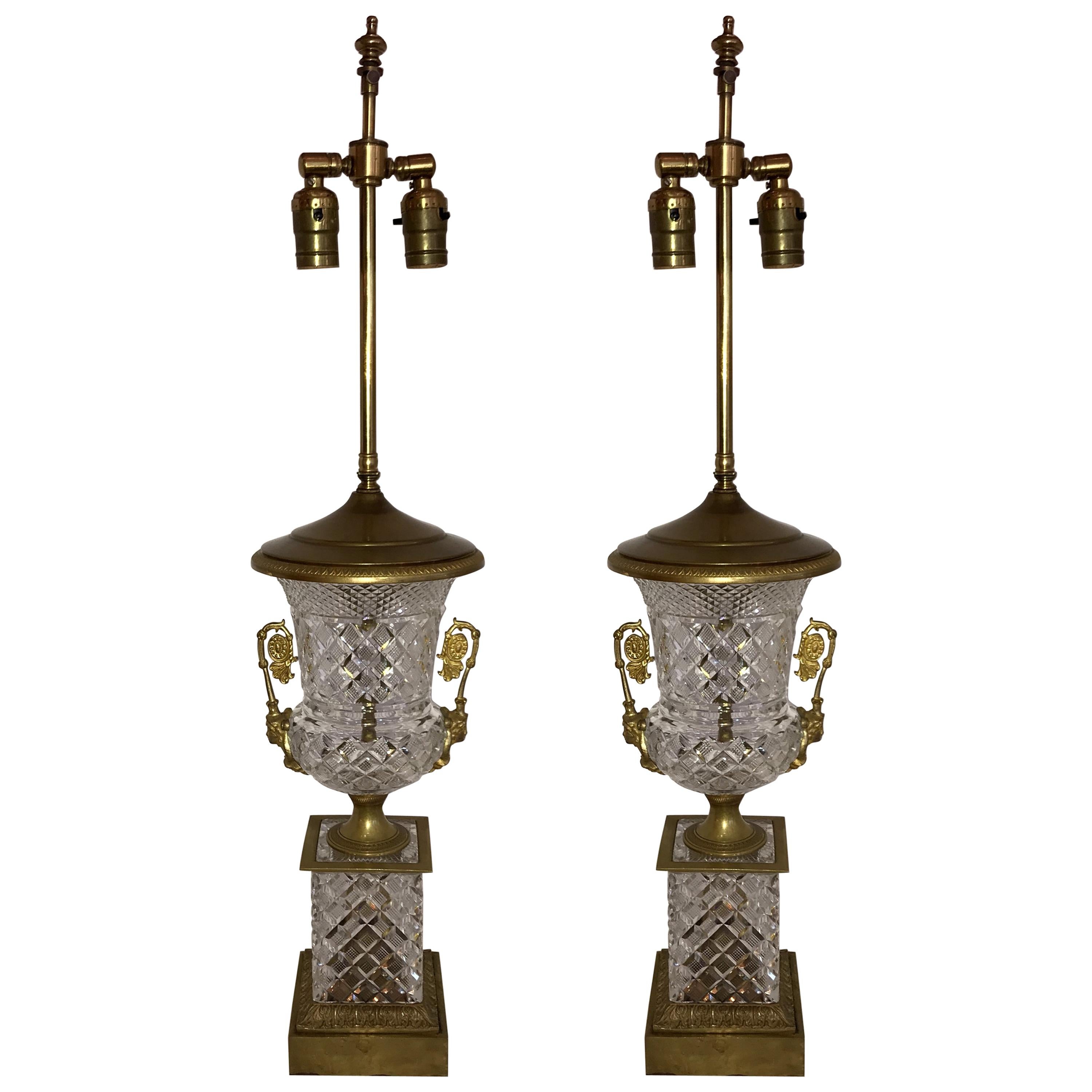 Wonderful Pair of French Empire Neoclassical Cut Crystal Bronze Ormolu Urn Lamps