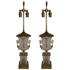 Antique Wonderful Pair of French Empire Neoclassical Cut Crystal Bronze Ormolu Urn Lamps