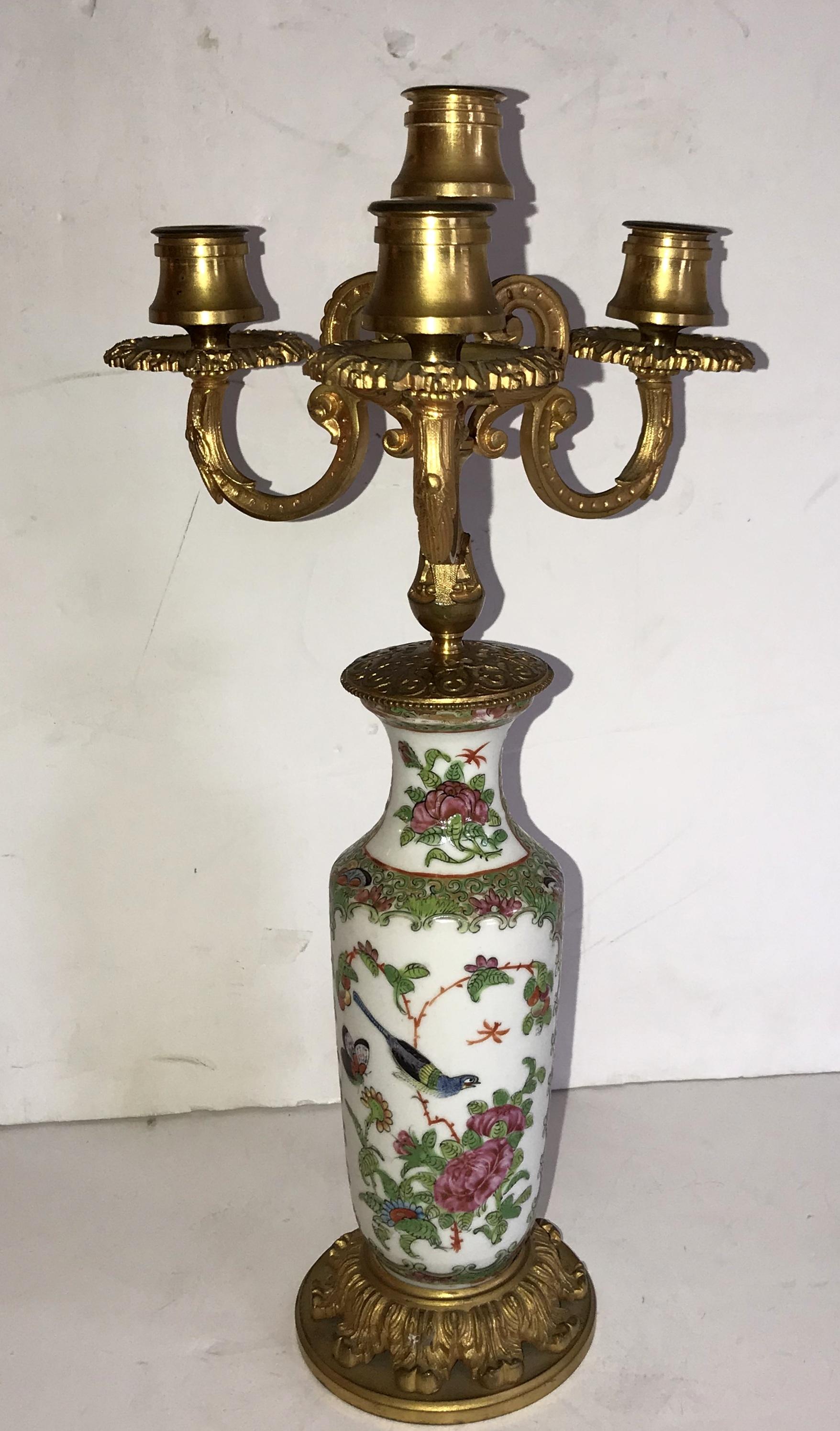 Wonderful Pair of French Gilt Dore Bronze Chinoiserie Rose Medallion Candelabras In Good Condition In Roslyn, NY