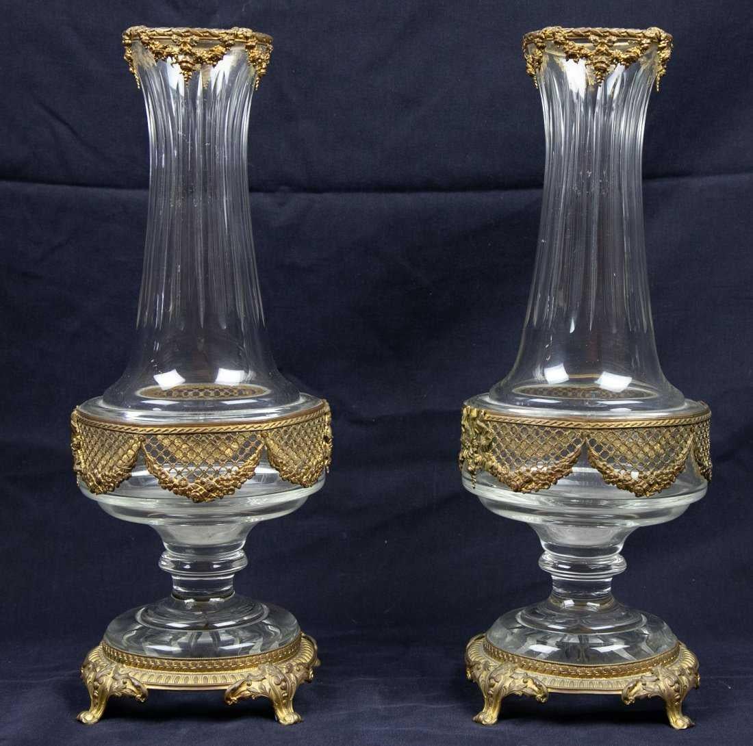 Gilt Wonderful Pair of French Ormolu Pierced Bronze Crystal Glass Neoclassical Vases For Sale