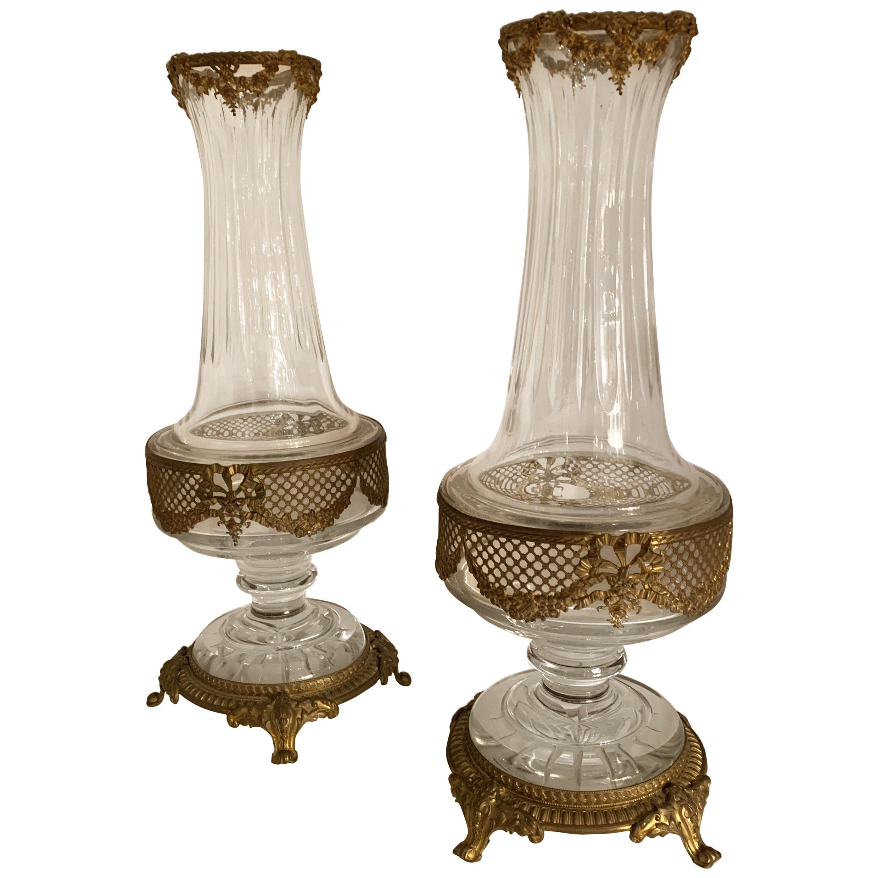 Wonderful Pair of French Ormolu Pierced Bronze Crystal Glass Neoclassical Vases For Sale