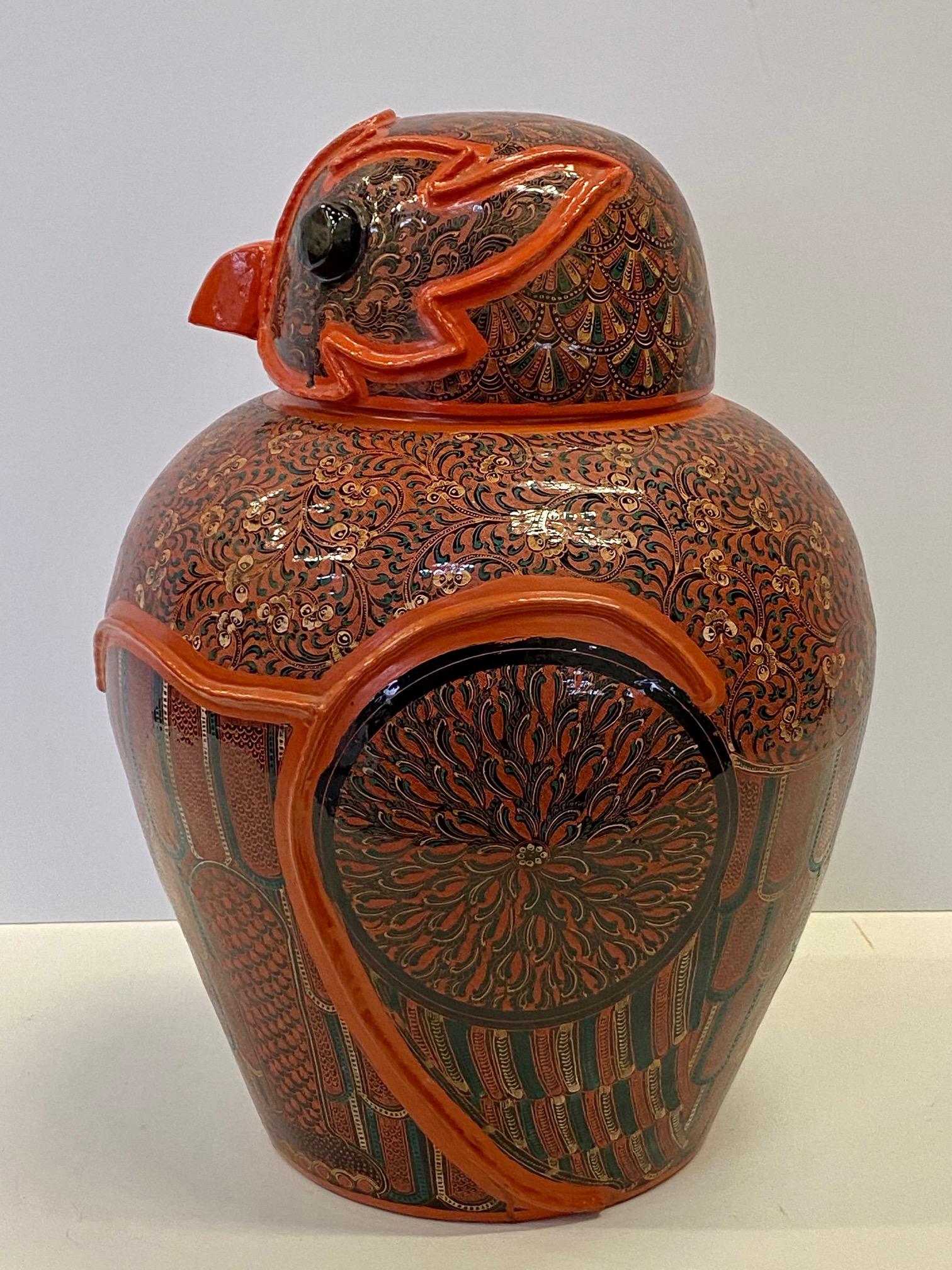 Wonderful Pair of Intricately Hand Painted Burmese Owl Jars 5
