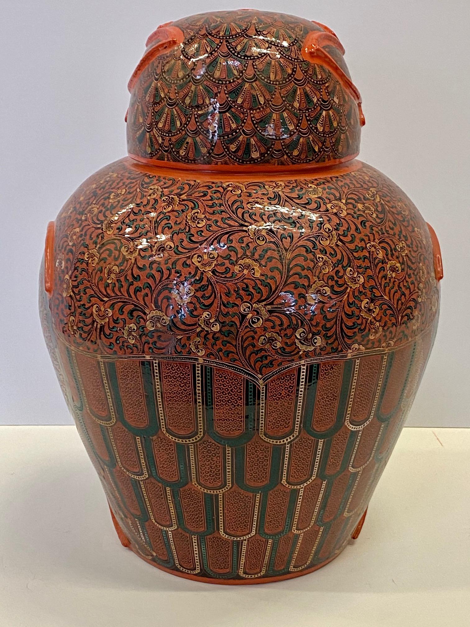 Enameled Wonderful Pair of Intricately Hand Painted Burmese Owl Jars