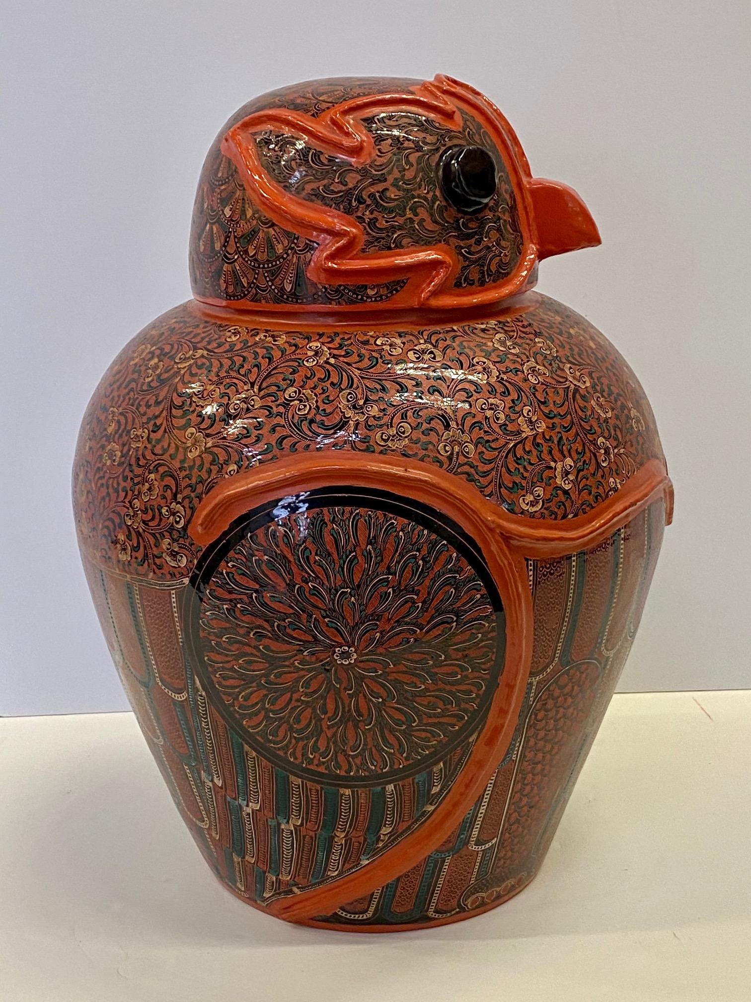 Wonderful Pair of Intricately Hand Painted Burmese Owl Jars In Good Condition In Hopewell, NJ