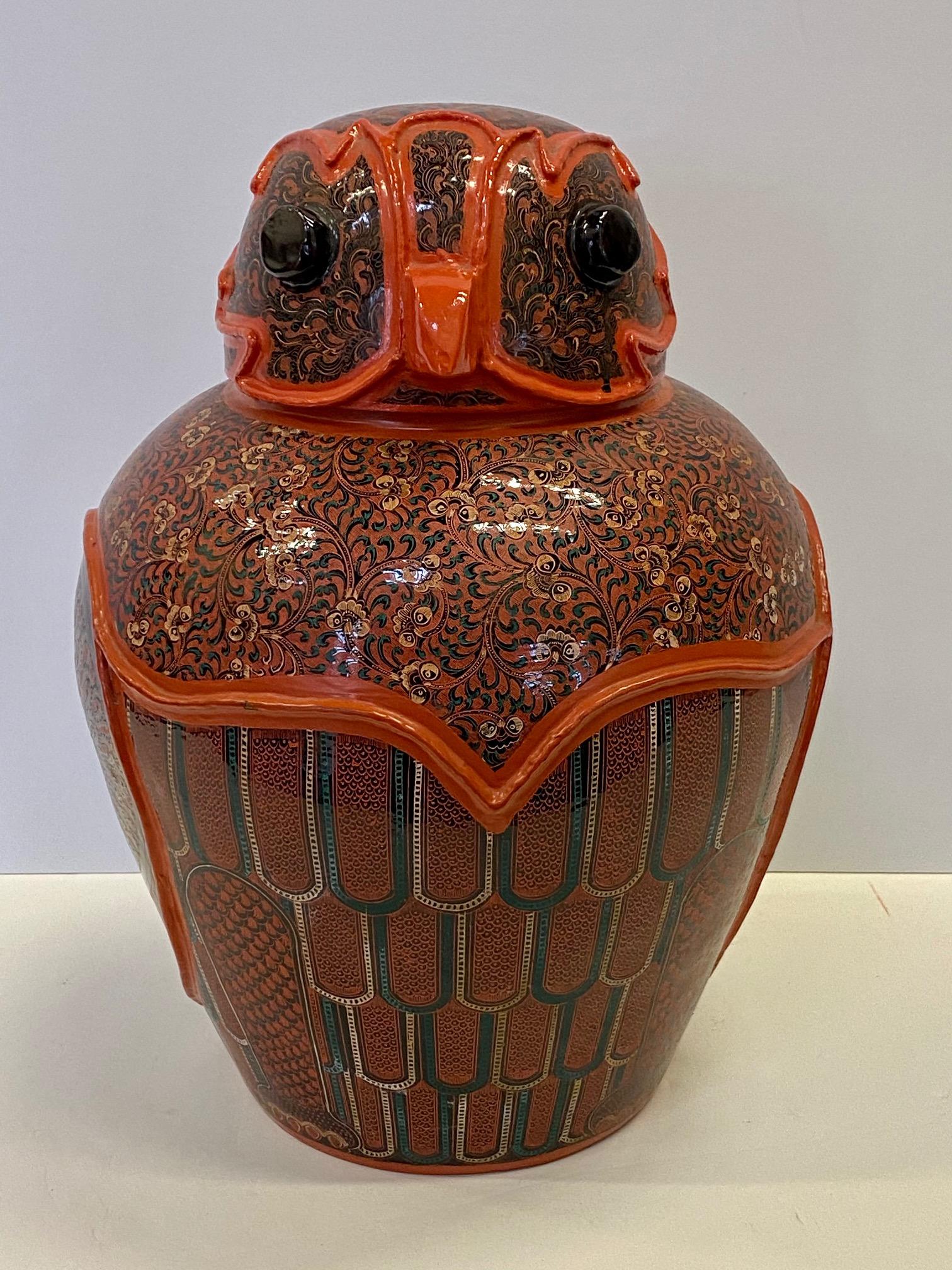 Paper Wonderful Pair of Intricately Hand Painted Burmese Owl Jars