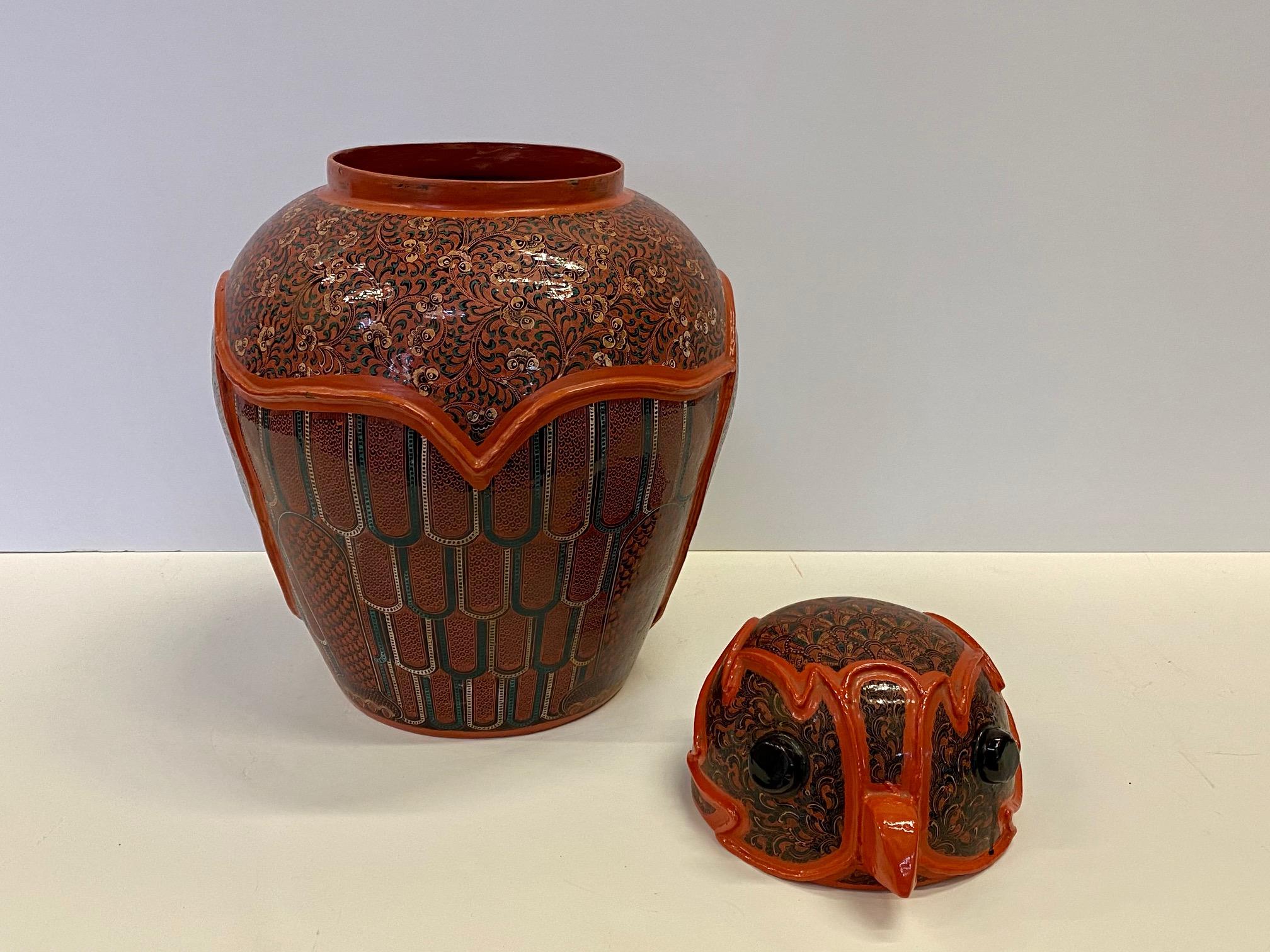 Wonderful Pair of Intricately Hand Painted Burmese Owl Jars 1