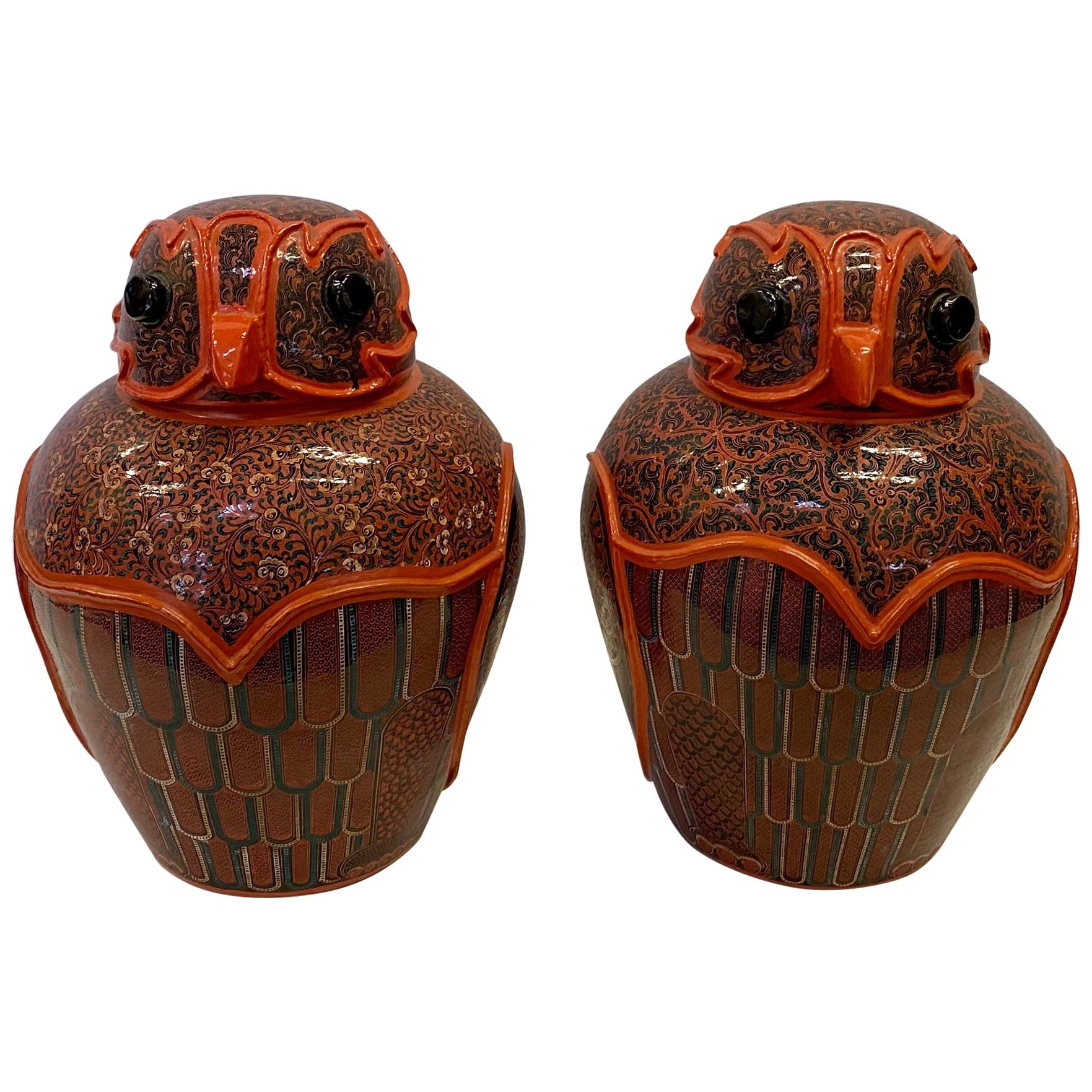 Wonderful Pair of Intricately Hand Painted Burmese Owl Jars