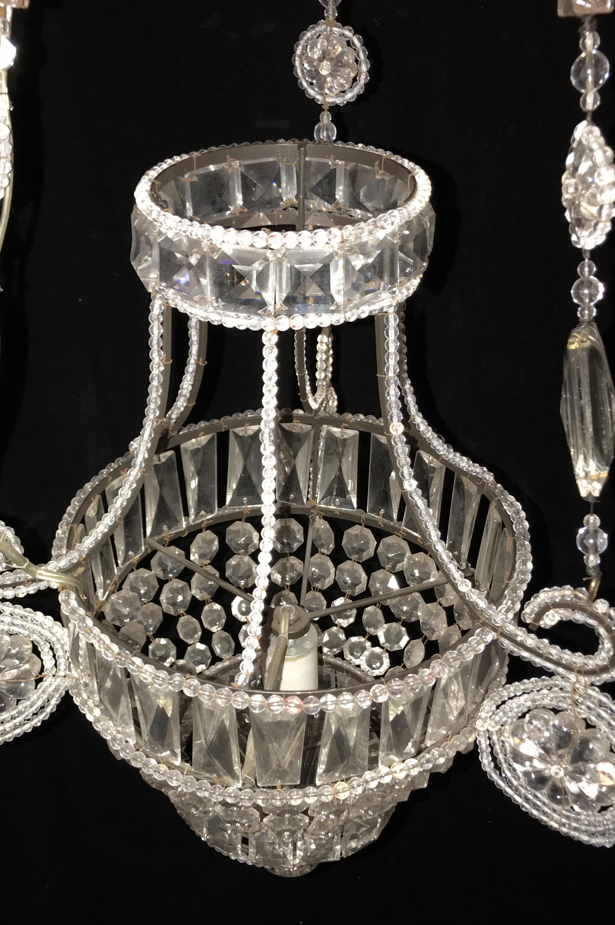 Beads Wonderful Pair of Italian Beaded Crystal Basket Urn Pendent Chandeliers Fixtures For Sale