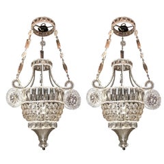 Antique Wonderful Pair of Italian Beaded Crystal Basket Urn Pendent Chandeliers Fixtures